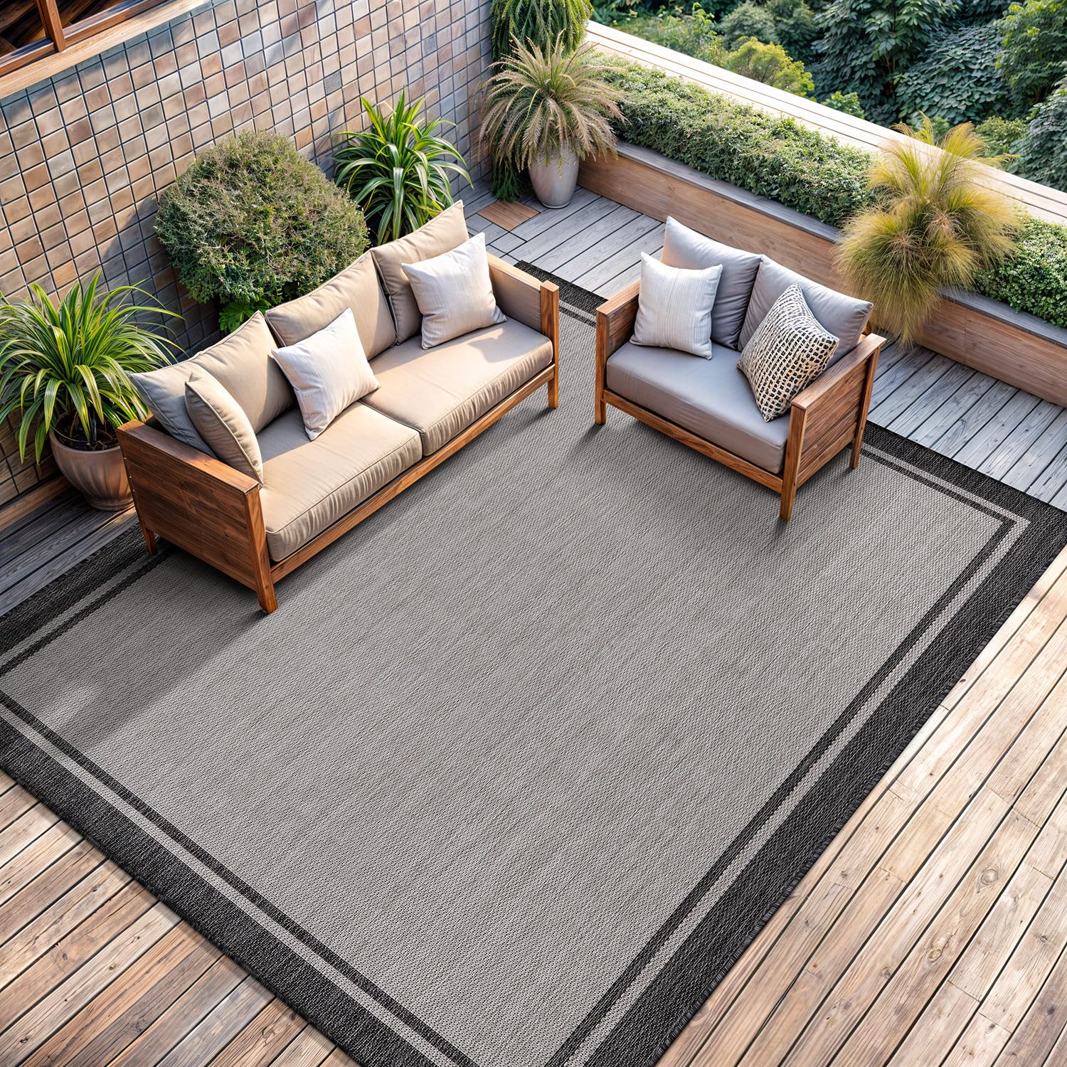 CAMILSON Indoor Outdoor Rug, 6x9 Bordered Gray Modern Area Rugs for Indoor and Outdoor Patios, Kitchen and Hallway Mats, Washable Porch Deck Outside