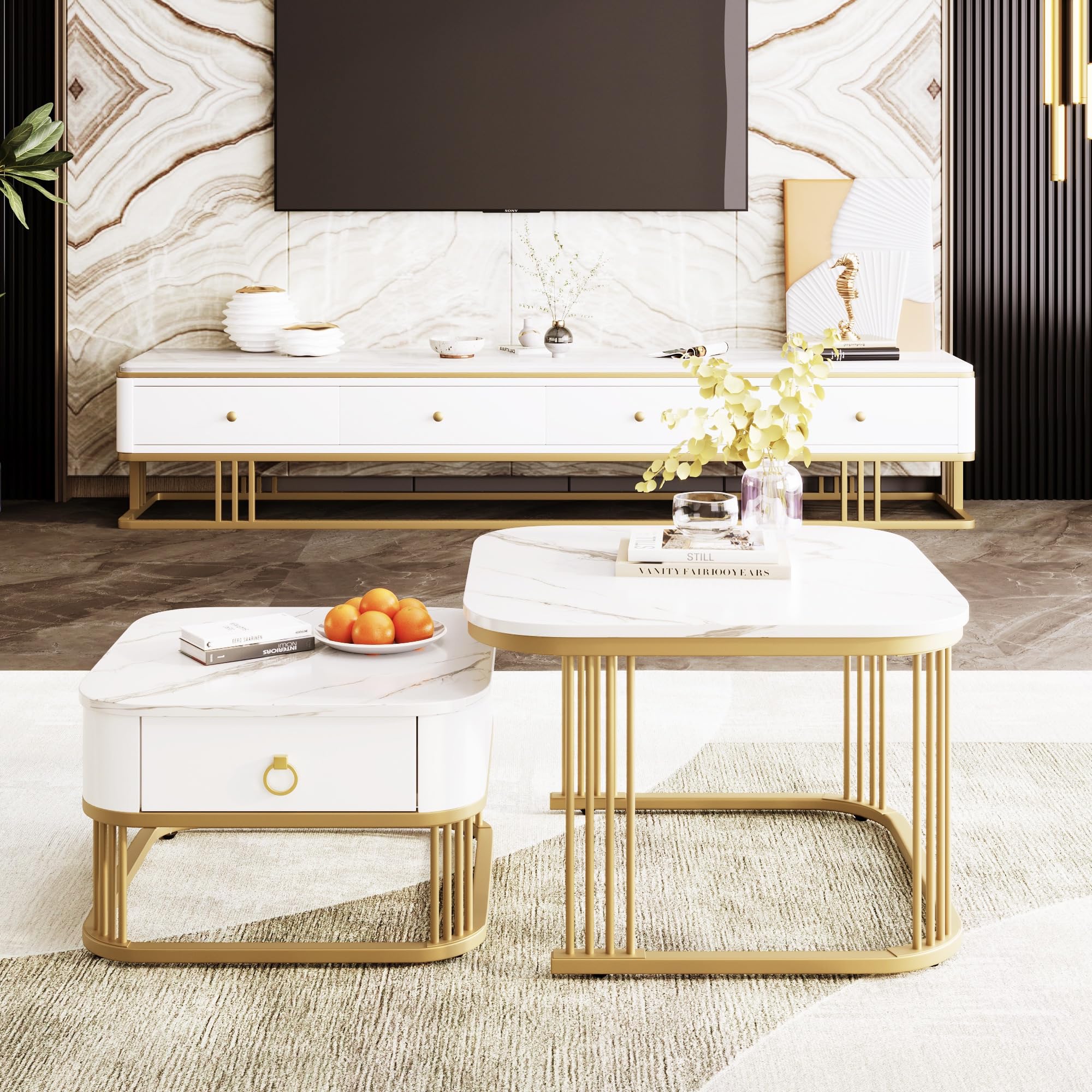 BTM Coffee Tables Set of 2, Nesting Coffee Tables with Storage, Square Nest of Tables with Drawer, High Gloss Marble Exterior & Gold Accents