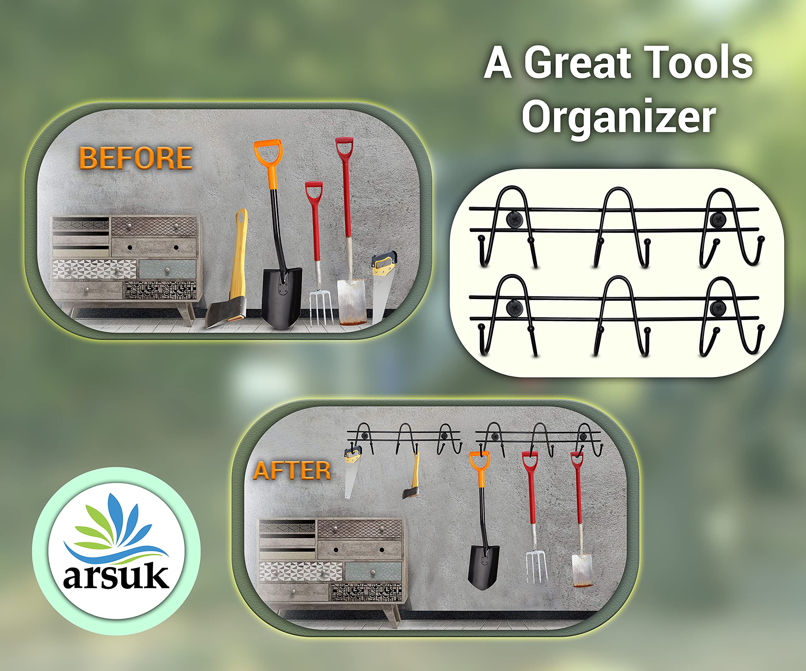 Porta Attrezzi Da Parete 6 Pezzi - Gancio A U Per Giardino, Garage - Metallo Nero, Carico 30kg - Foto 3