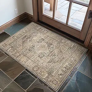 GENIMO 2x3 Hallway Runner Rug, Machine Washable Boho Vintage Runners Non Slip, Printed Thin Low Pile Lightweight Chenille Carpet Runner for Entryway, Kitchen, Bathroom, Bedroom, TAN