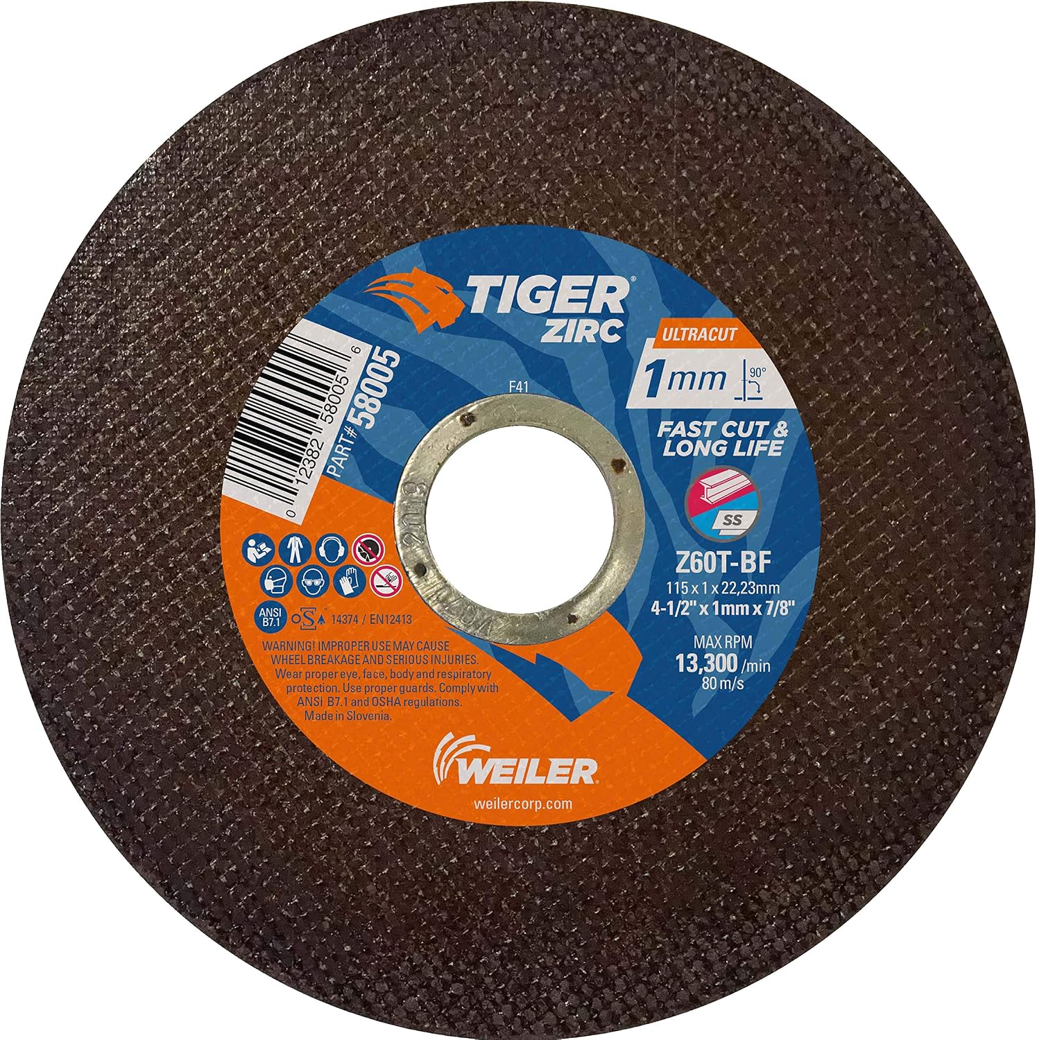 New Arrivals Weiler 58005 4-1/2 x 1mm Tiger ZIRC UltraCut Type 1 Thin Cutting Wheel, Z60T, 7/8 A.H. (Pack of 50)