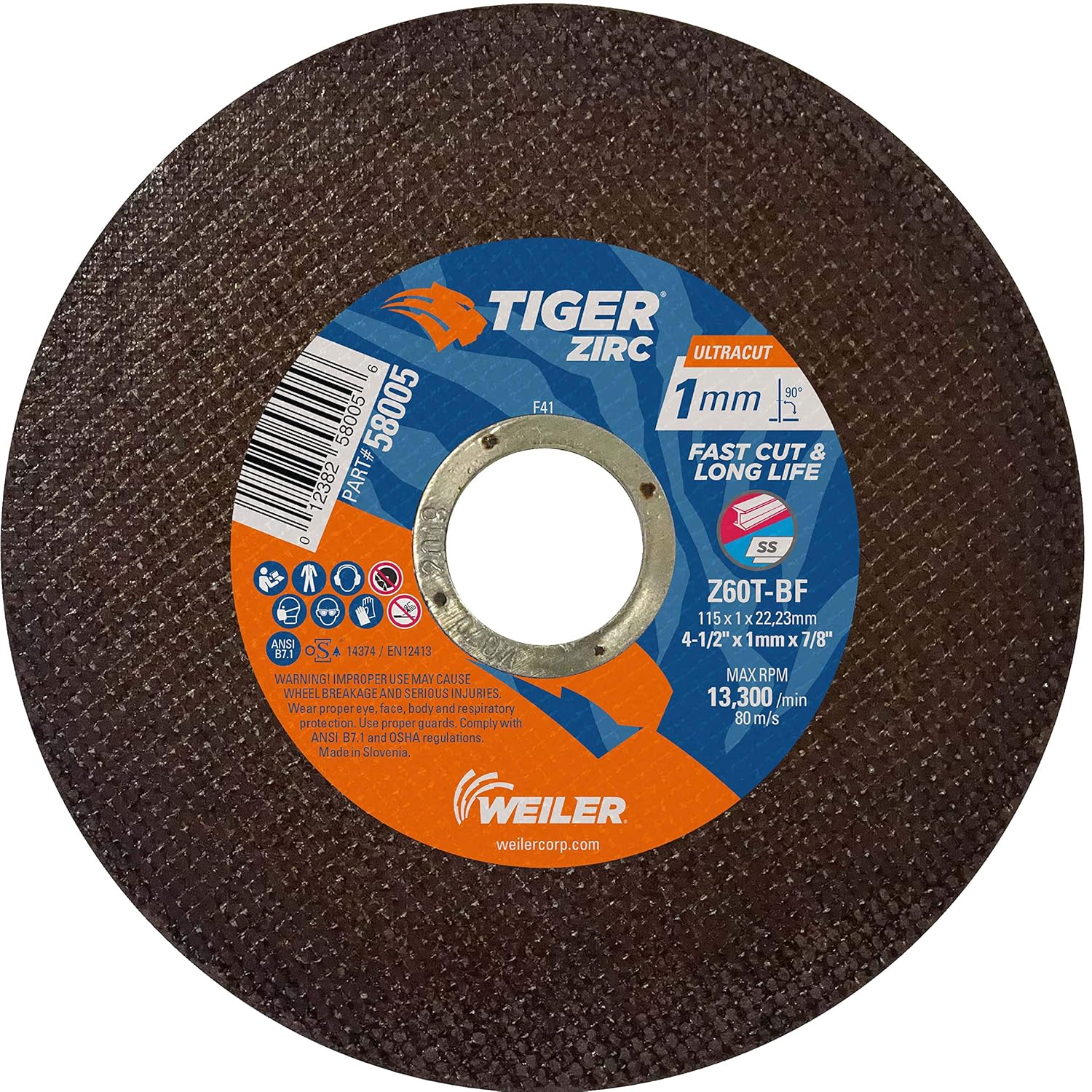 Weiler 57040 4-1/2 Inch Cutting Wheel, Tiger AO Steel/Metal Long Life Performance Cutting, .045" A60T Type 27 5/8"-11 Hub, Pack of 10