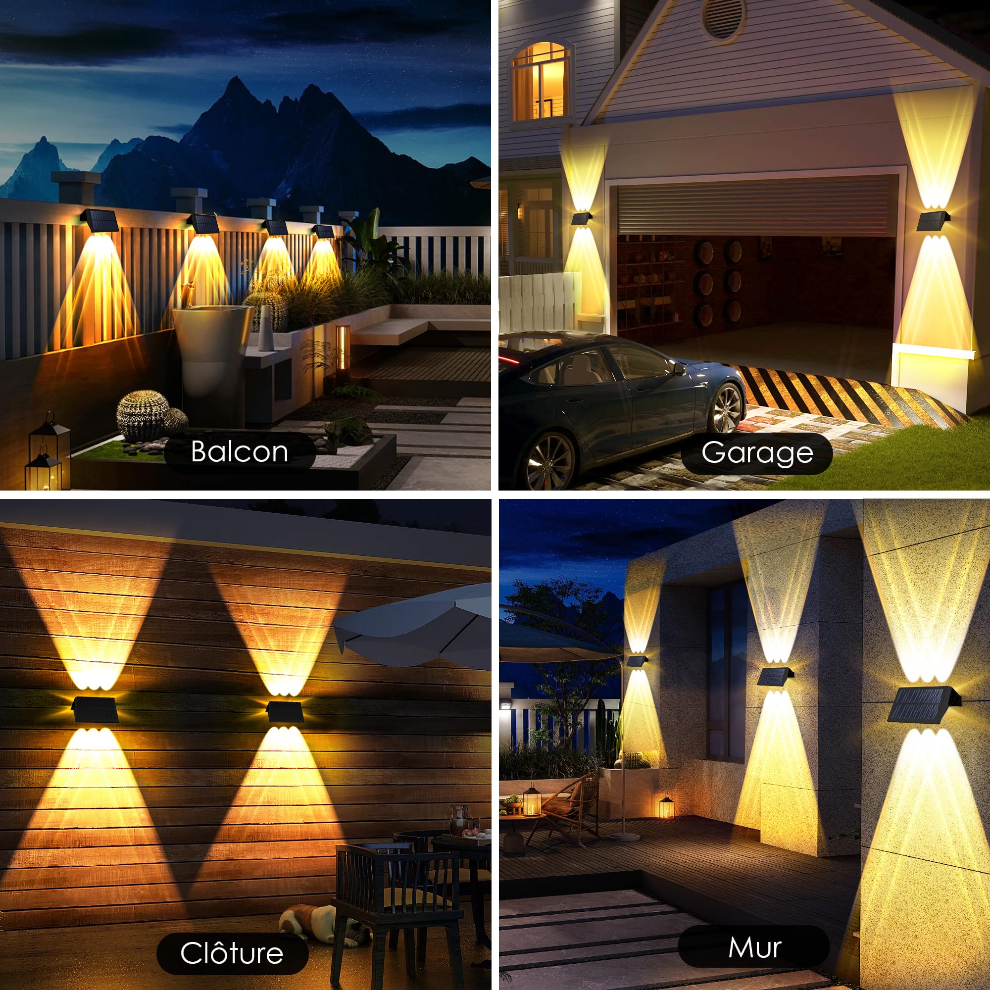 Applique Murale Exterieur Solaire Haut & Bas Lampe Solaire Exterieur Puissante Blanc Chaud LED Eclairage Exterieur Solaire Étanche IP67 Sans fil pour Clôture Jardin 6 Articles