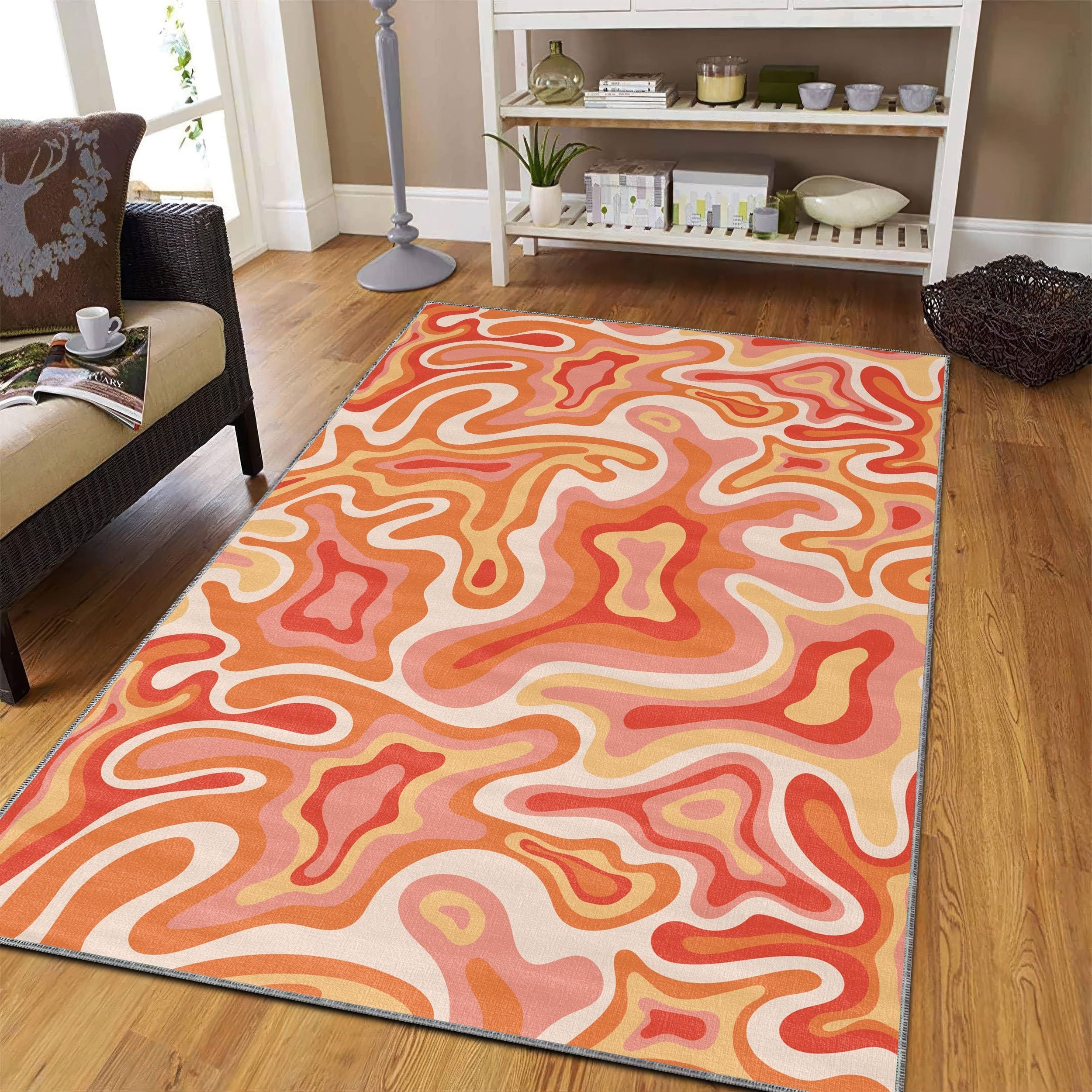 Tapis années 70, Style Moderne Abstrait ondulé, 160 x 160 cm, Motif rétro Orange et Rose, Lavable Tapis antidérapant pour Salon, Chambre, Bureau, Salle à Manger, Chambre d'enfant