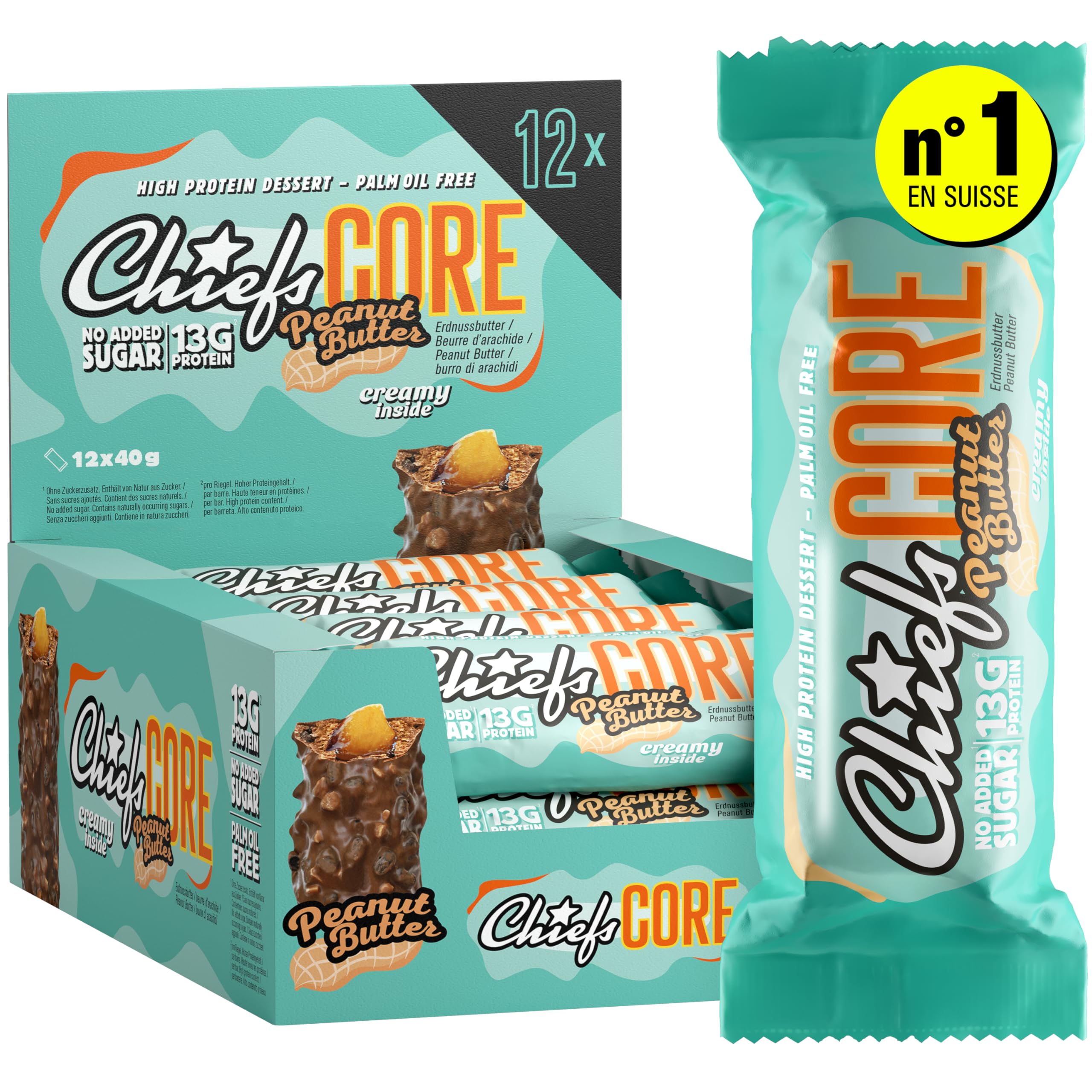 Chiefs Protein Core Bar (Peantu Butter) • Barre protéinée premium avec 13g de protéines & 163 kcal par barre • Sans sucre ajouté • Barre protéinée low sugar • Goût de Peanut • Pack de 12 (12 x 40g)