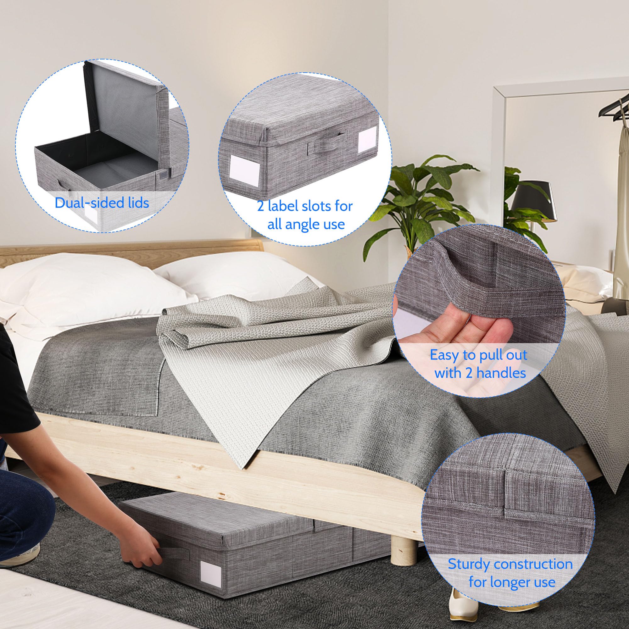 Kavolet 2 scatole portaoggetti sotto letto con coperchio, cassettiera pieghevole per armadio, coperta, vestiti, scarpe, giocattoli, tessuto, contenitore con 4 manici (grigio)
