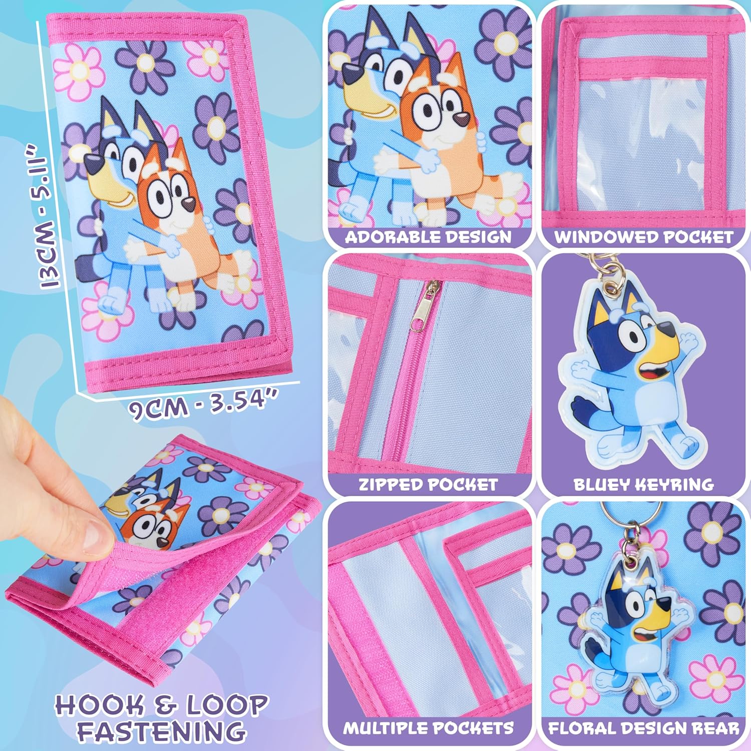 Bluey Wallet for Kids Trifold Wallet with Zipped Coin Purse Pocket and Clear ID Slot Cash Slot for Travel Holidays Back to School Gift for Kids (Bluey Sisters)