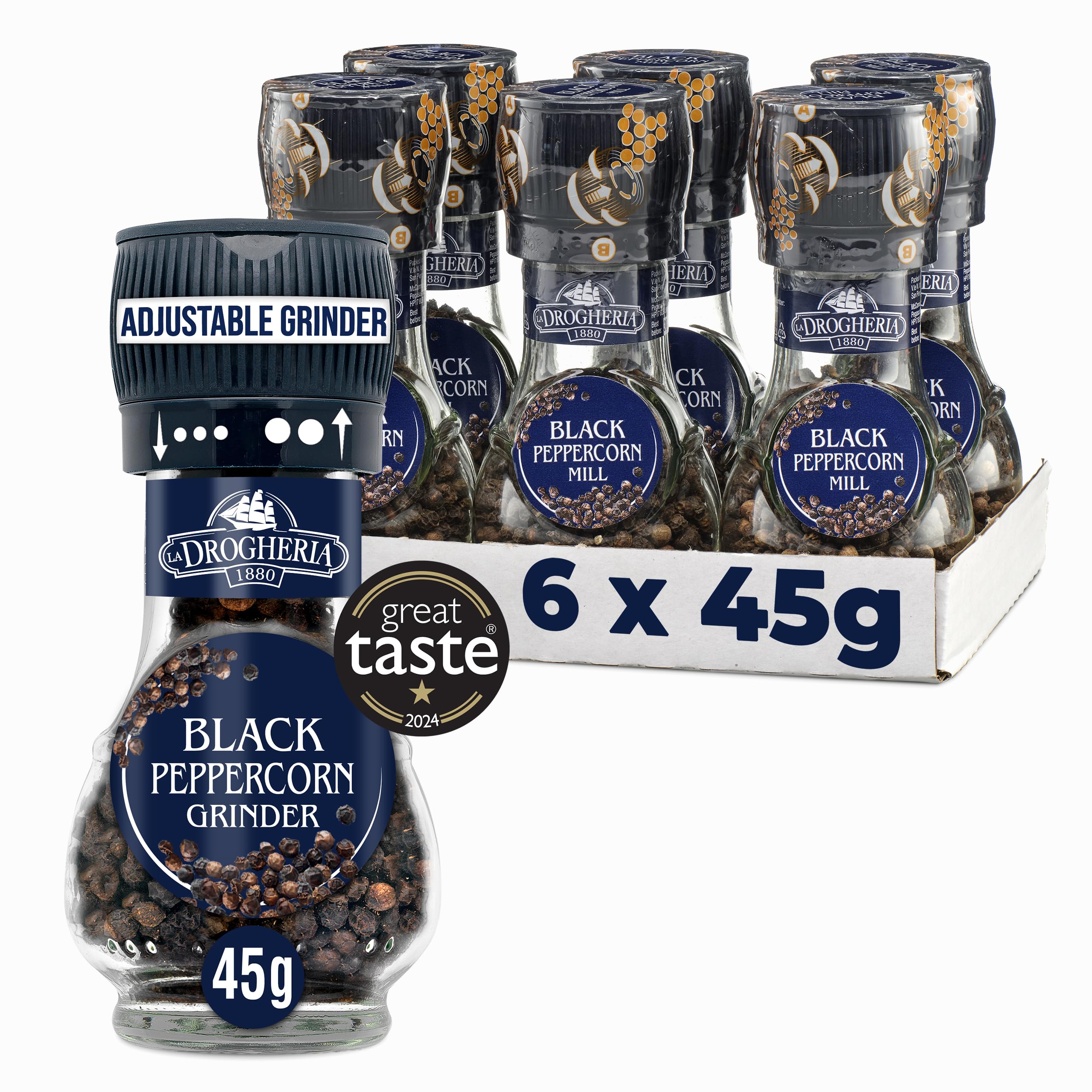 La Drogheria Black Pepper Corns Adjustable Grinder 45 g (Pack of 6)