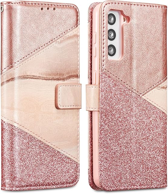 ZCDAYE Wallet Case for Samsung Galaxy S21 5G,Magnetic Button Ceramic Pattern Premium PU Leather Folio Flip Case Cover with [Card Slots][Stand Function] Phone Case for Samsung S21-Rose Gold
