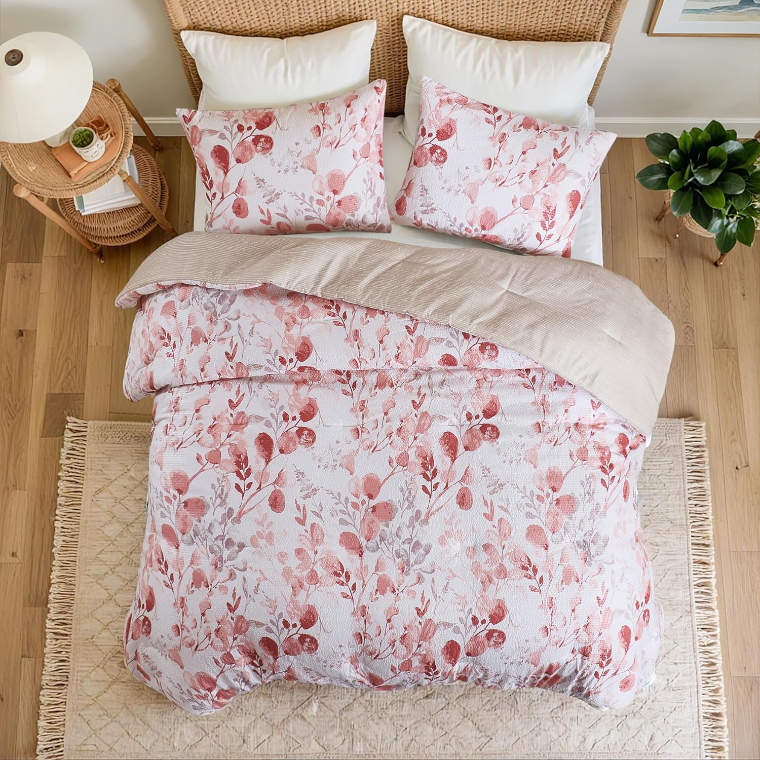 Lightweight Seersucker Botanical Comforter Set King Size, Reversible Design with Striped Print, Premium Microfiber Bedding Set, Comforter and Sham Set, Pink