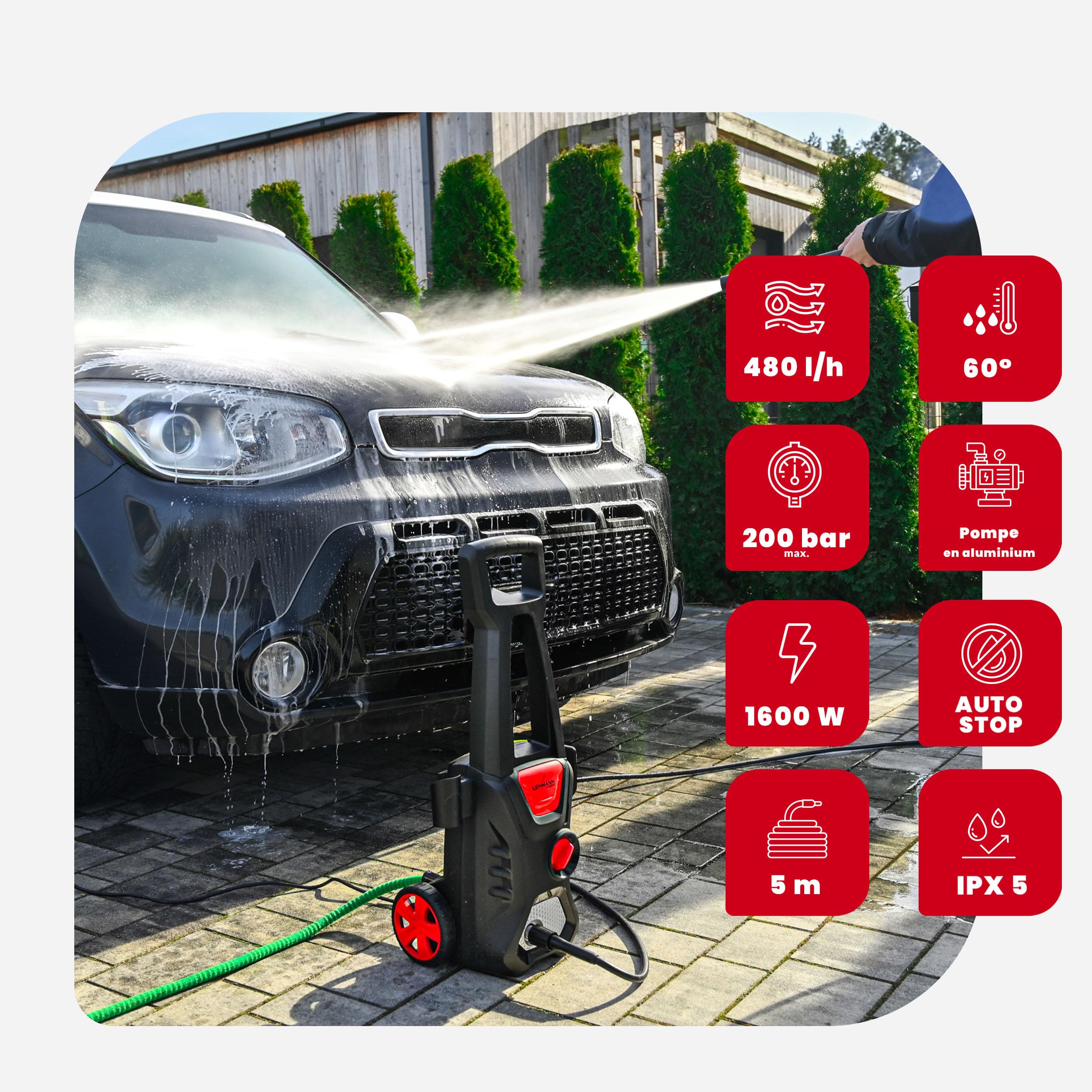 LEHMANN Nettoyeur Haute Pression Jukon, 1600W, Max. 200 Bar, Débit 480 l/h, Tuyau 5m, Pompe Aluminium, Filtre à Eau, Kit D'accessoires - Buse Turbo, Canon à Mousse, Brosse pour Terrasse et Voiture