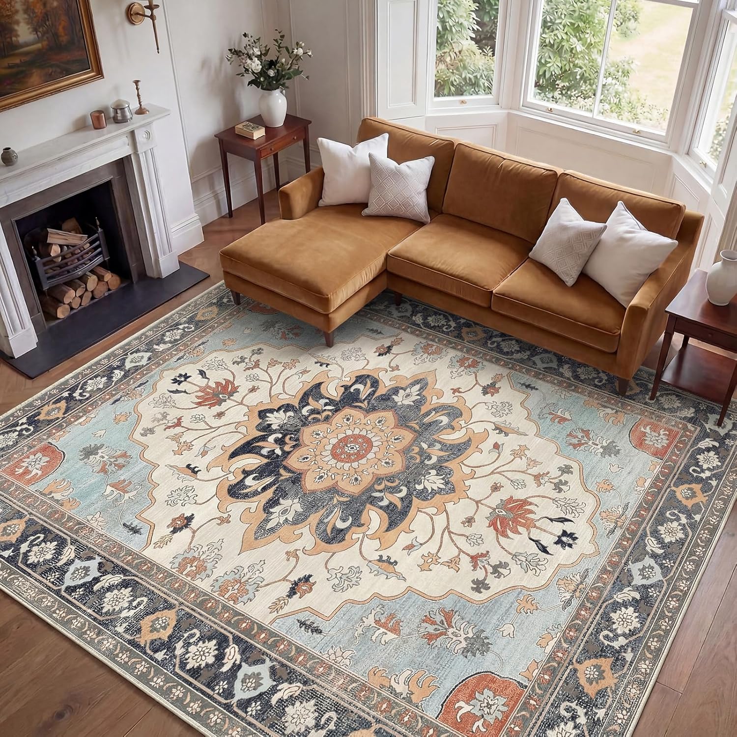 8x10 Area Rugs for Living Room, Machine Washable Boho Vintage Rug, Waterproof Surface & Non-Slip Backing, Foldable Soft Low Pile Floral Medallion Carpet for Bedroom Dining Room Beige/Navy/Orange 8' x 10' (Rectangular)