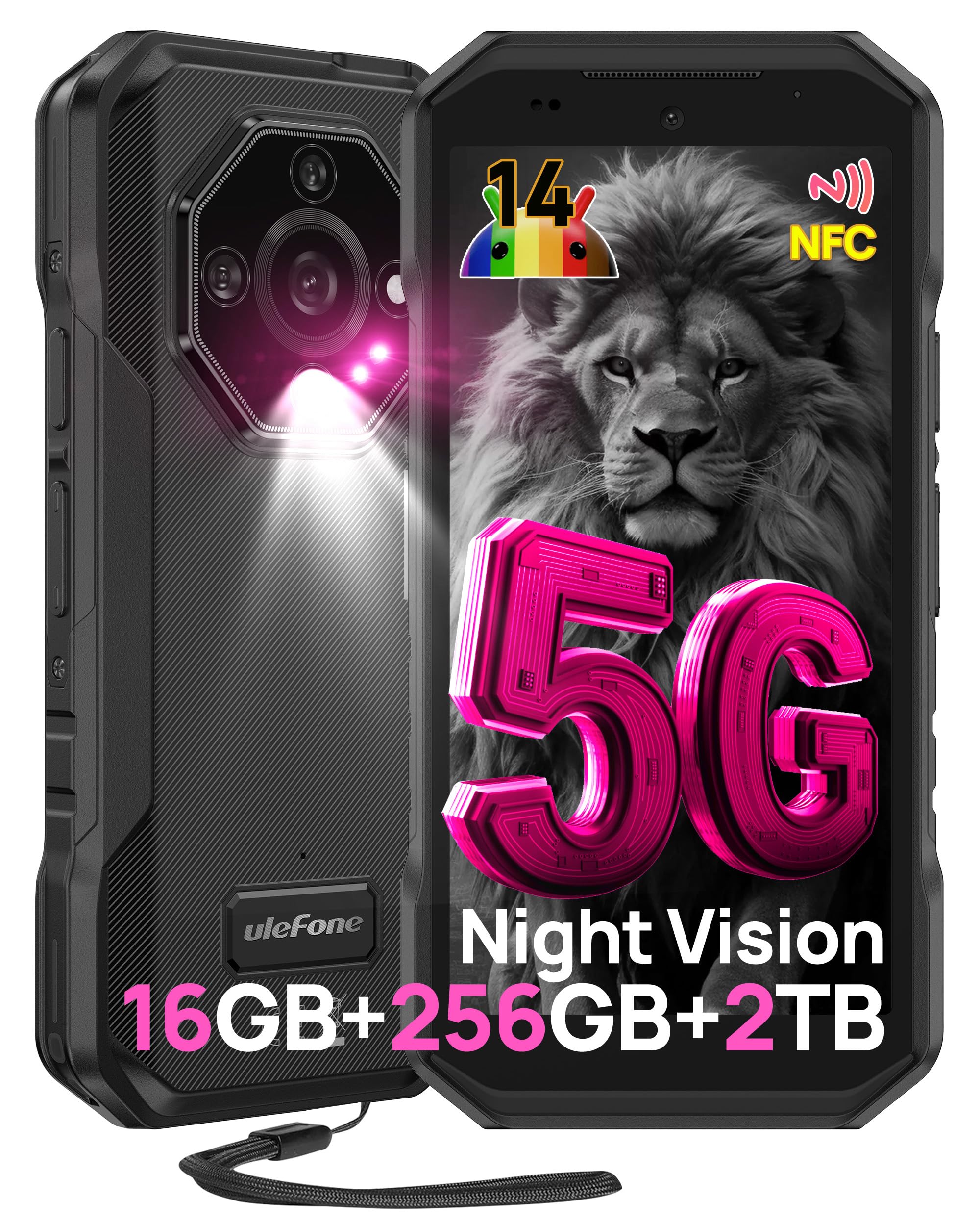 UlefoneArmor X32 Pro 5G Rugged Smartphone, 16GB+256GB/2TB, 64MP+25MP Night Vision, Android 14, 3 Cards Slots, 5.65" 90Hz Corning Gorilla Glass, Dual SIM Unlocked Waterproof Mobile Phones NFC Black