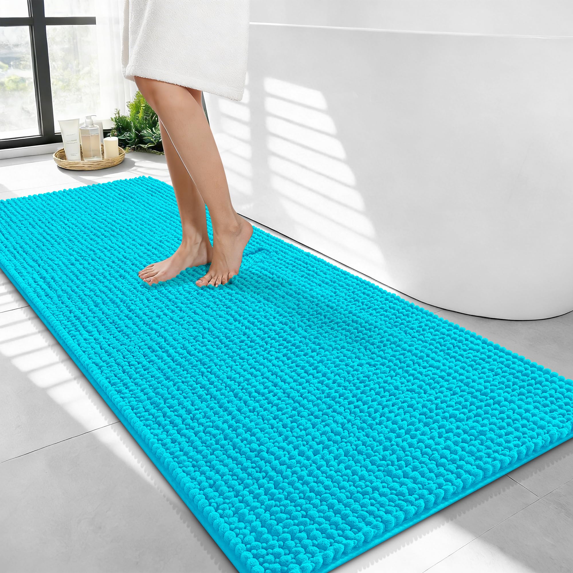 OLANLY Thick Chenille Bathroom Runner Rugs Mats 44x24, Aqua Sky