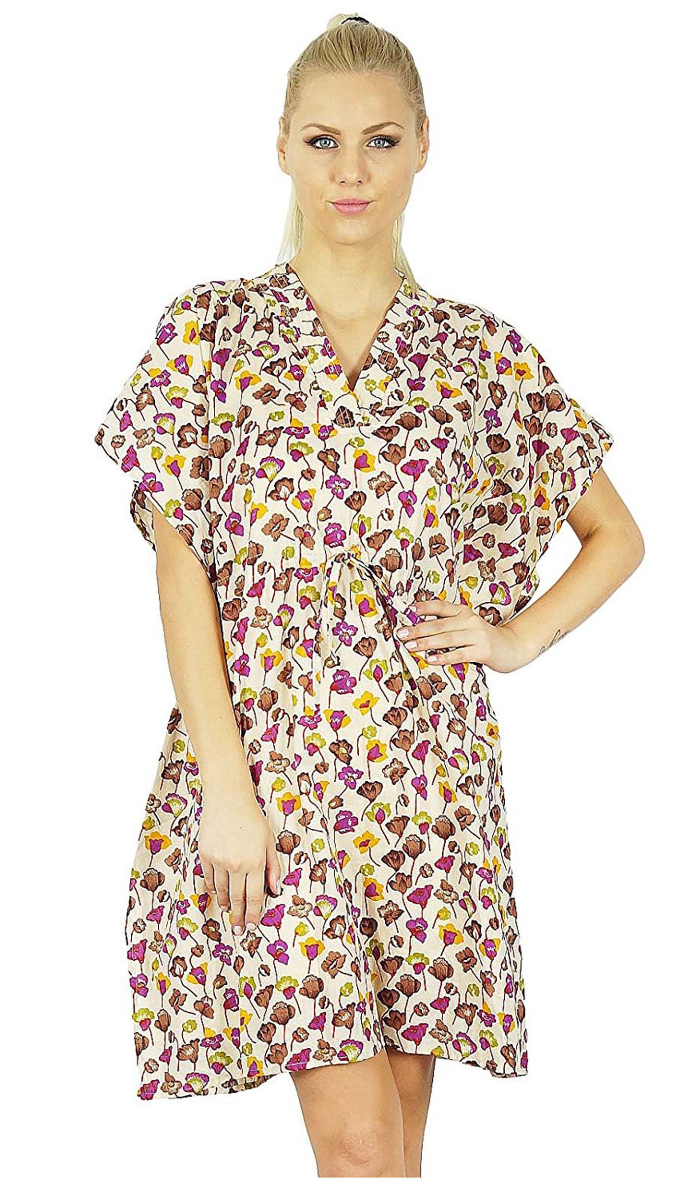 Bimba Women Printed Cotton Mini Beach Kaftan Dress Short Tunic Beachwear Caftan Cover Up