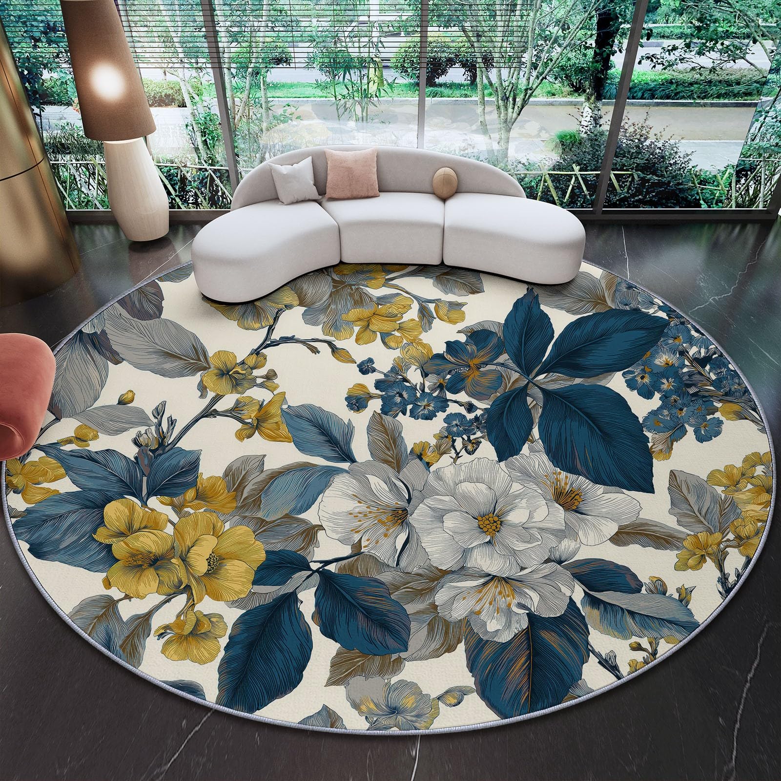 Tapis de sol lavable et antidérapant de 120cm motif floral crème pour cuisine et salon