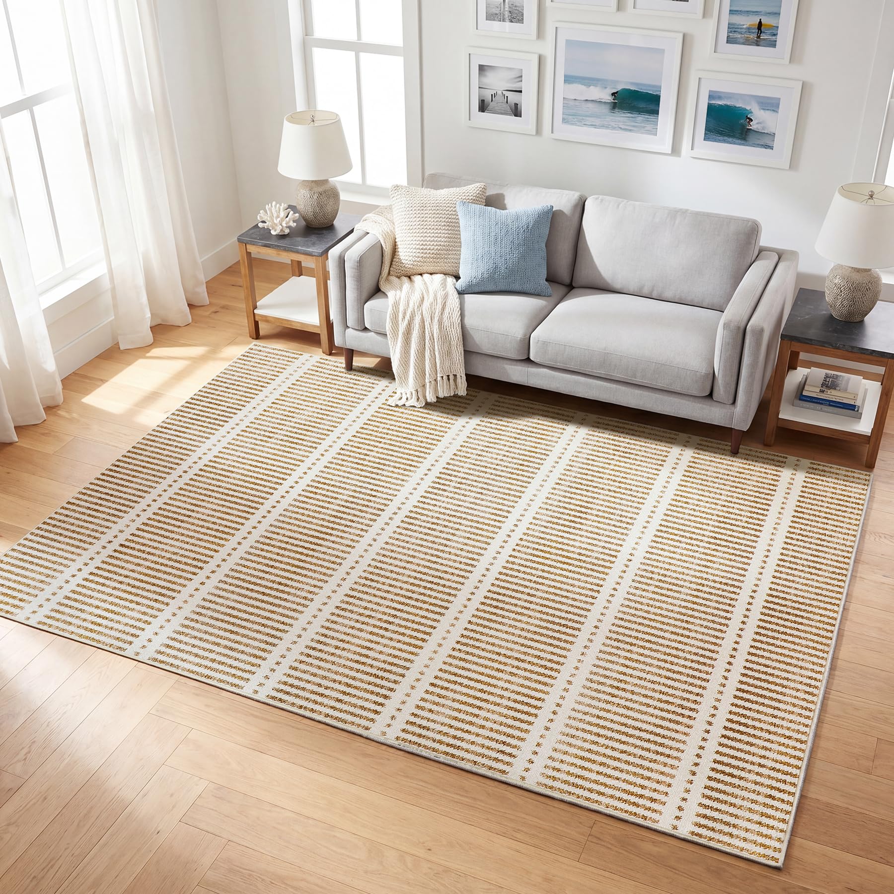 Tribesigns Alfombra moderna de 160 x 230 cm, para salón, dormitorio, comedor, alfombra suave y antideslizante, estilo casa de campo a rayas ultradelgada, con certificación Öko-Tex