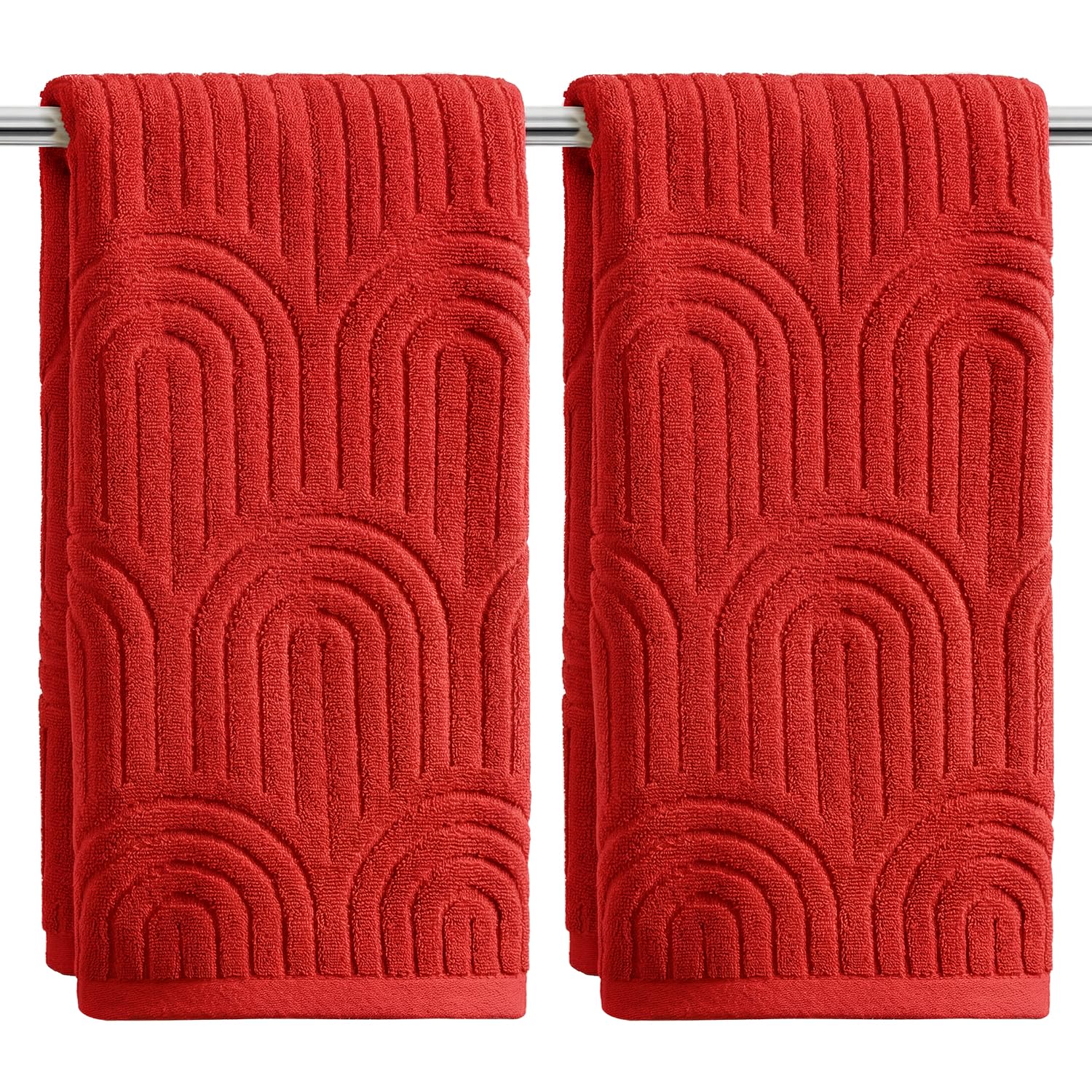 Artoid Mode Red 3D Arched Stripes Jacquard Hand Towels for Bathroom 35 x 75 cm, 100% Cotton Soft Absorbent Bathroom Decor Towels Set of 2