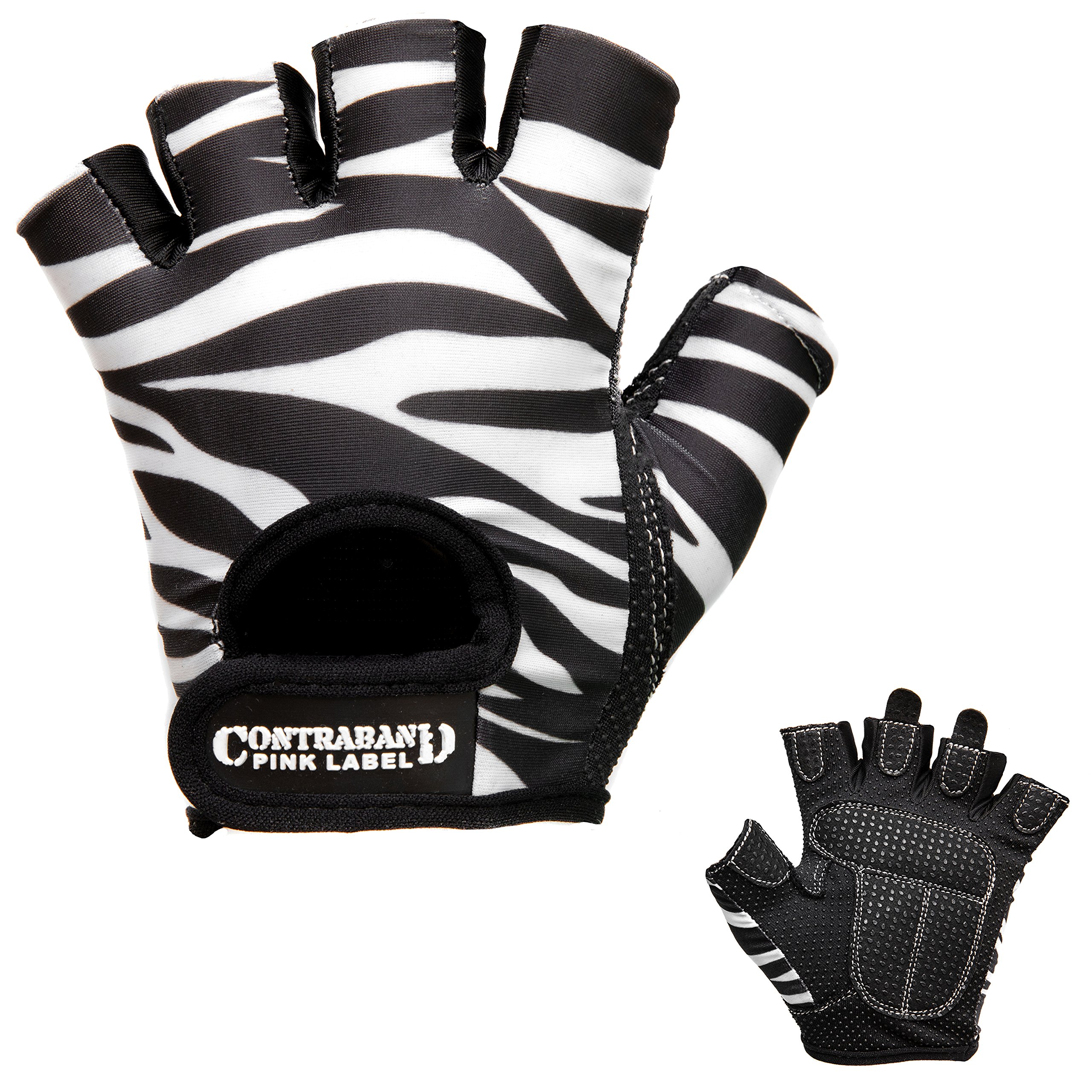 Contraband Pink Label5277 Womens Design Series Zebra Print Lifting Gloves (Pair) - Lightweight Vegan Medium Padded Microfiber Amara Leather w/Griplock Silicone (White/Black, Small)