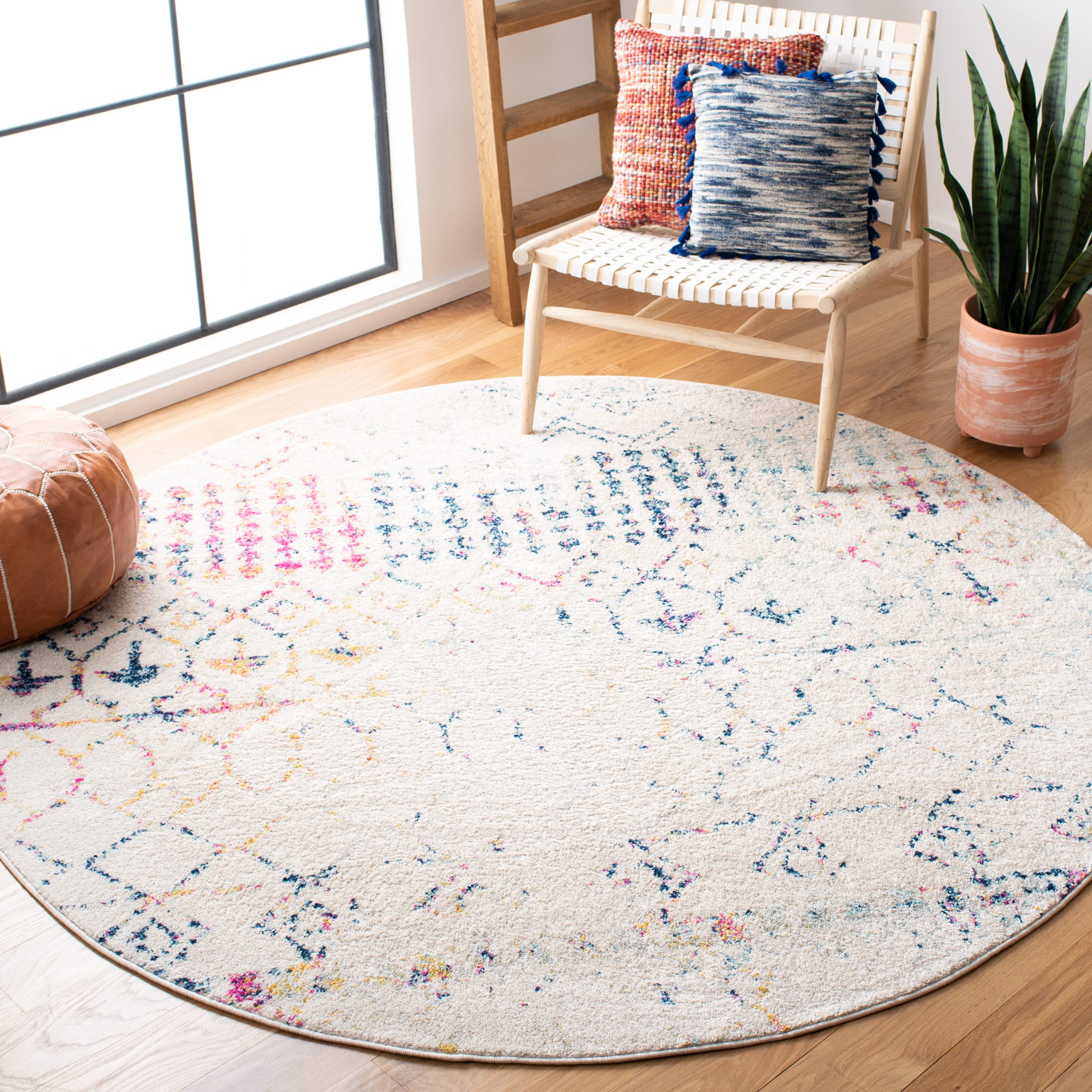 SAFAVIEH Tulum Collection Area Rug - 10' Round, Ivory & Blue, Moroccan Boho Distressed Design, Non-Shedding & Easy to Clean, Ideal for Living Room,