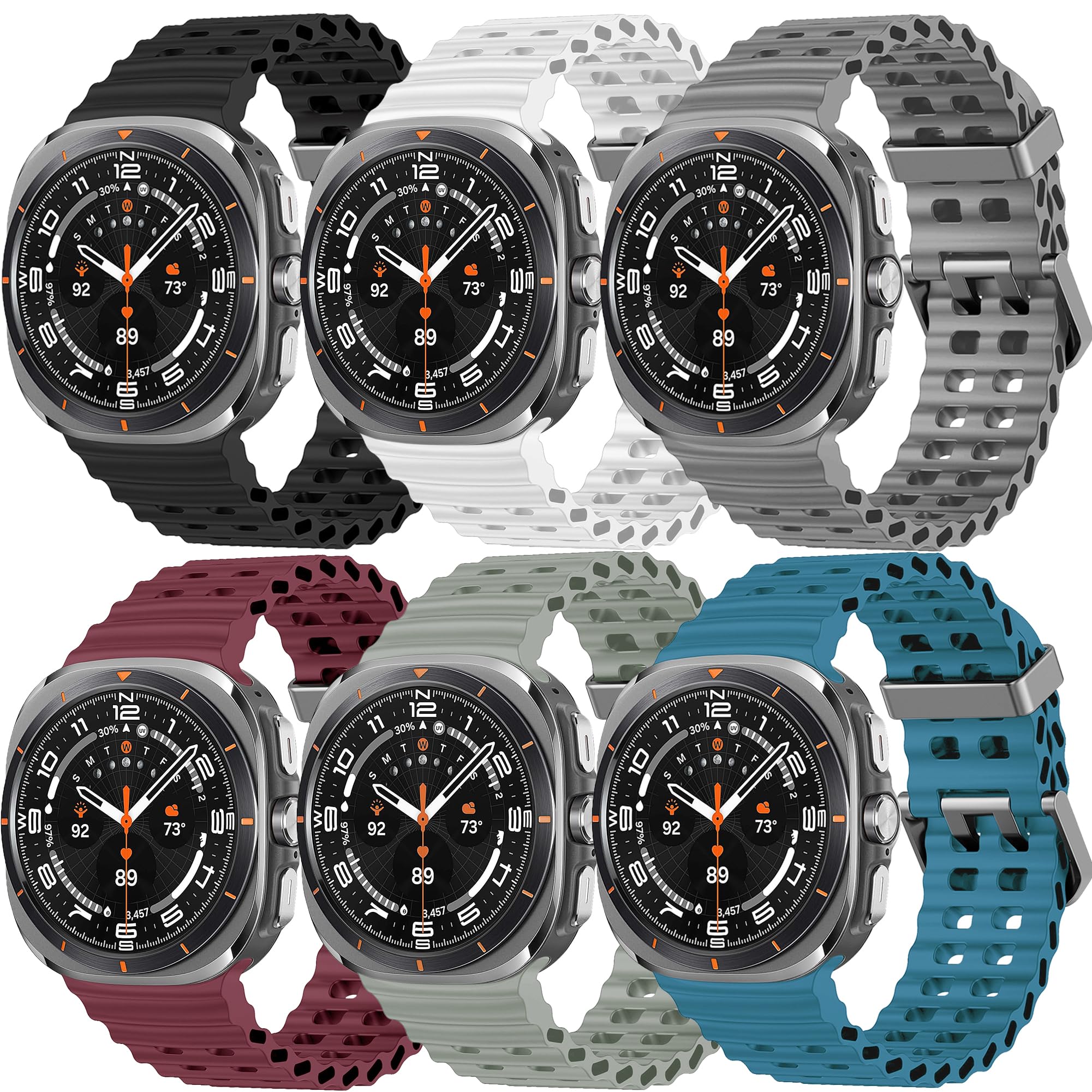 6 Pack Marine Soft Silicone Sport Bands Compatible with Samsung Galaxy Watch 7 Ultra 47mm for Men/Women with Black/Titanium Gray/Silver Buckle