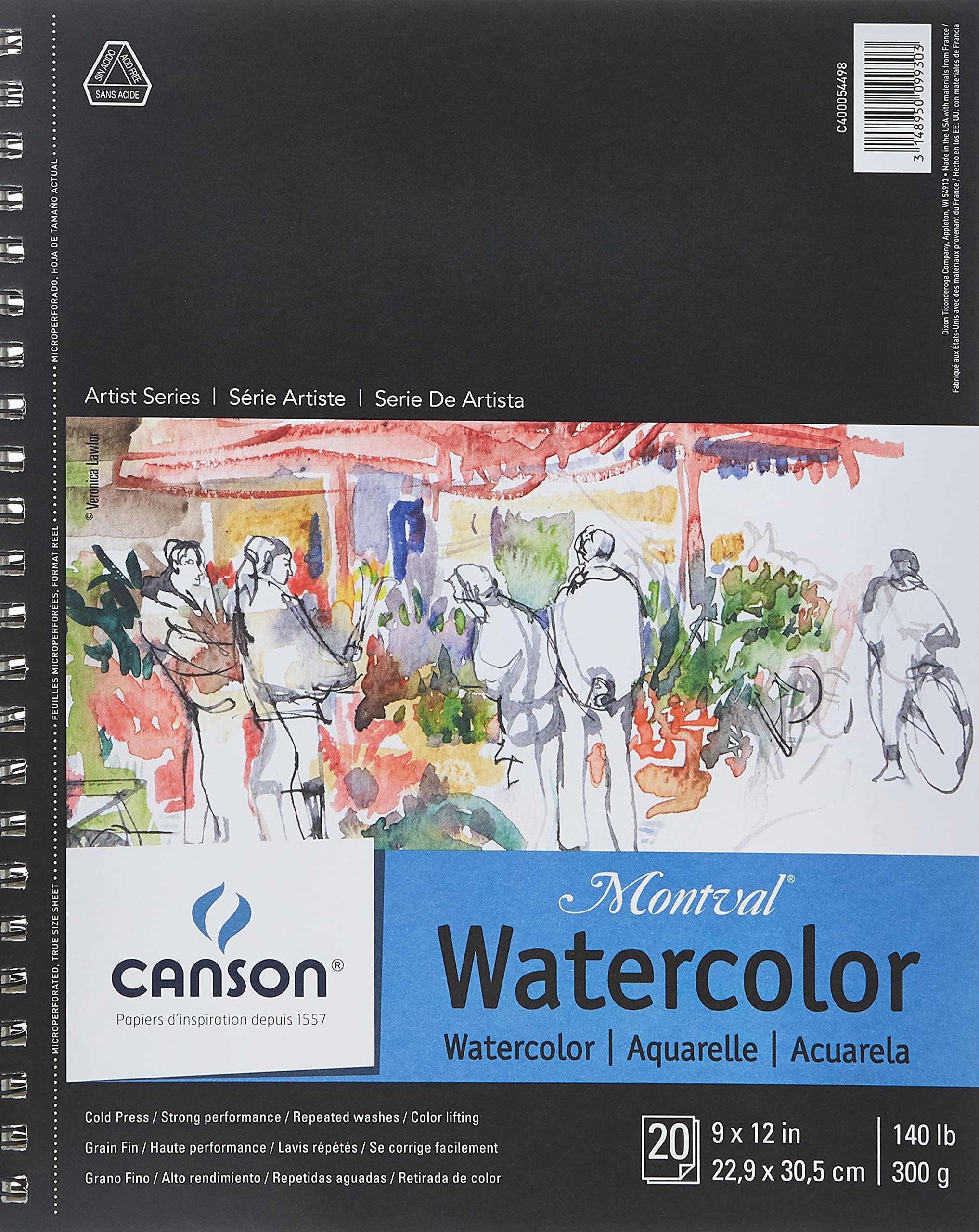 Canson Artist Series Watercolor Paper, Wirebound Pad, 9x12 inches, 20 Sheets (140lb/300g) - Artist Paper for Adults and Students - Watercolors, Mixed Media, Markers and Art Journaling
