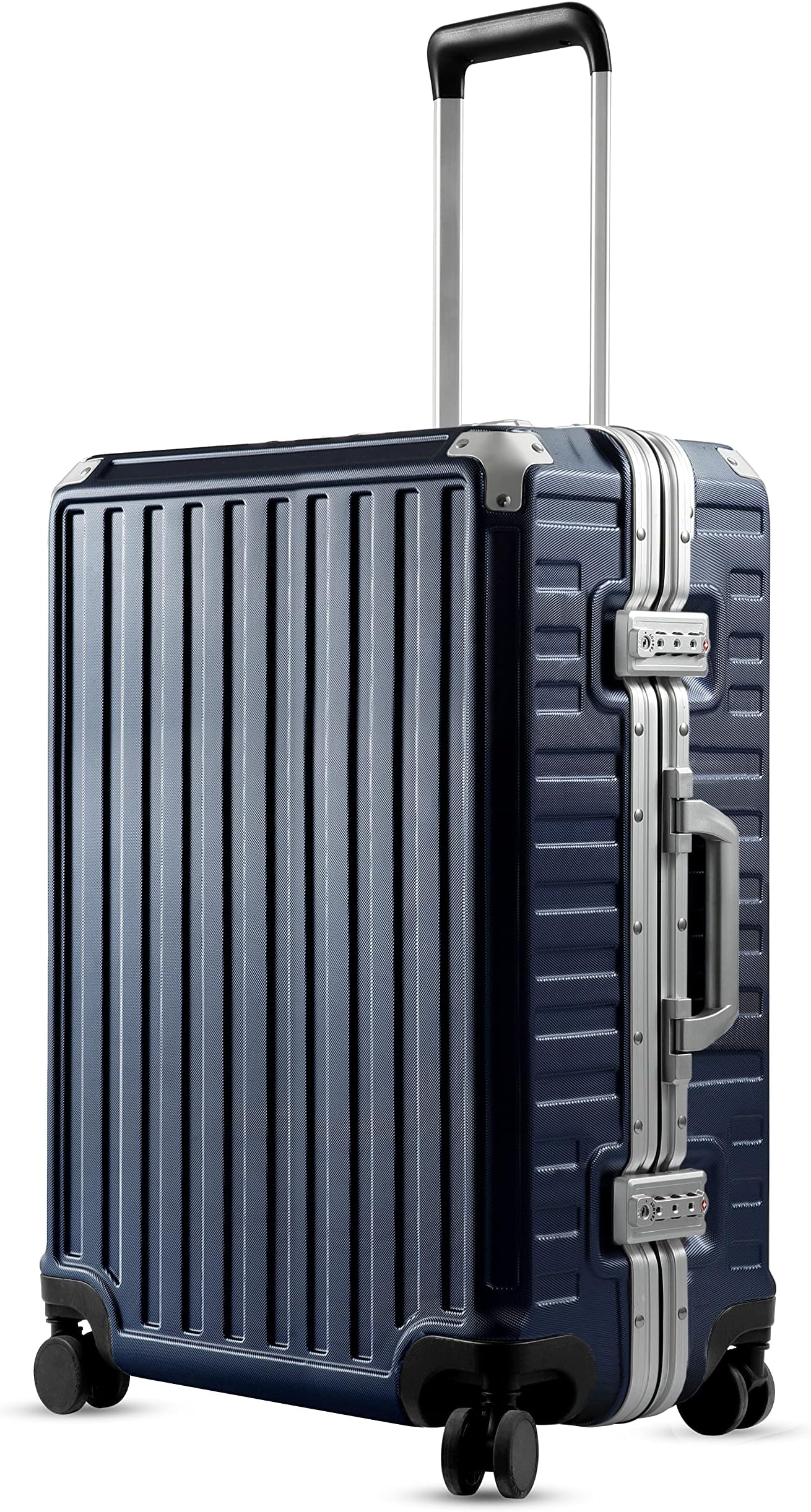 LUGGEX Hard Shell Checked Luggage with Aluminum Frame - 100% Polycarbonate No Zipper Suitcase with Spinner Wheels - 4 Metal Corner Hassle-Free Travel (Navy Blue Suitcase)