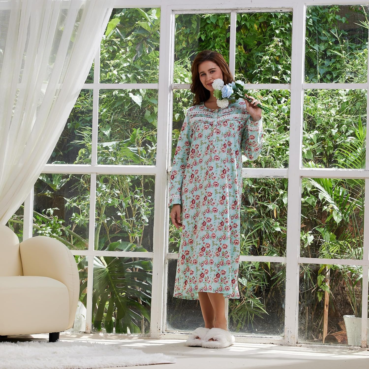 Keyocean Nightgowns for Women, Soft 100% Cotton Knit Nightgowns, Comfy Long-Sleeve Ladies Sleepwear Gown for Mom - Image 3