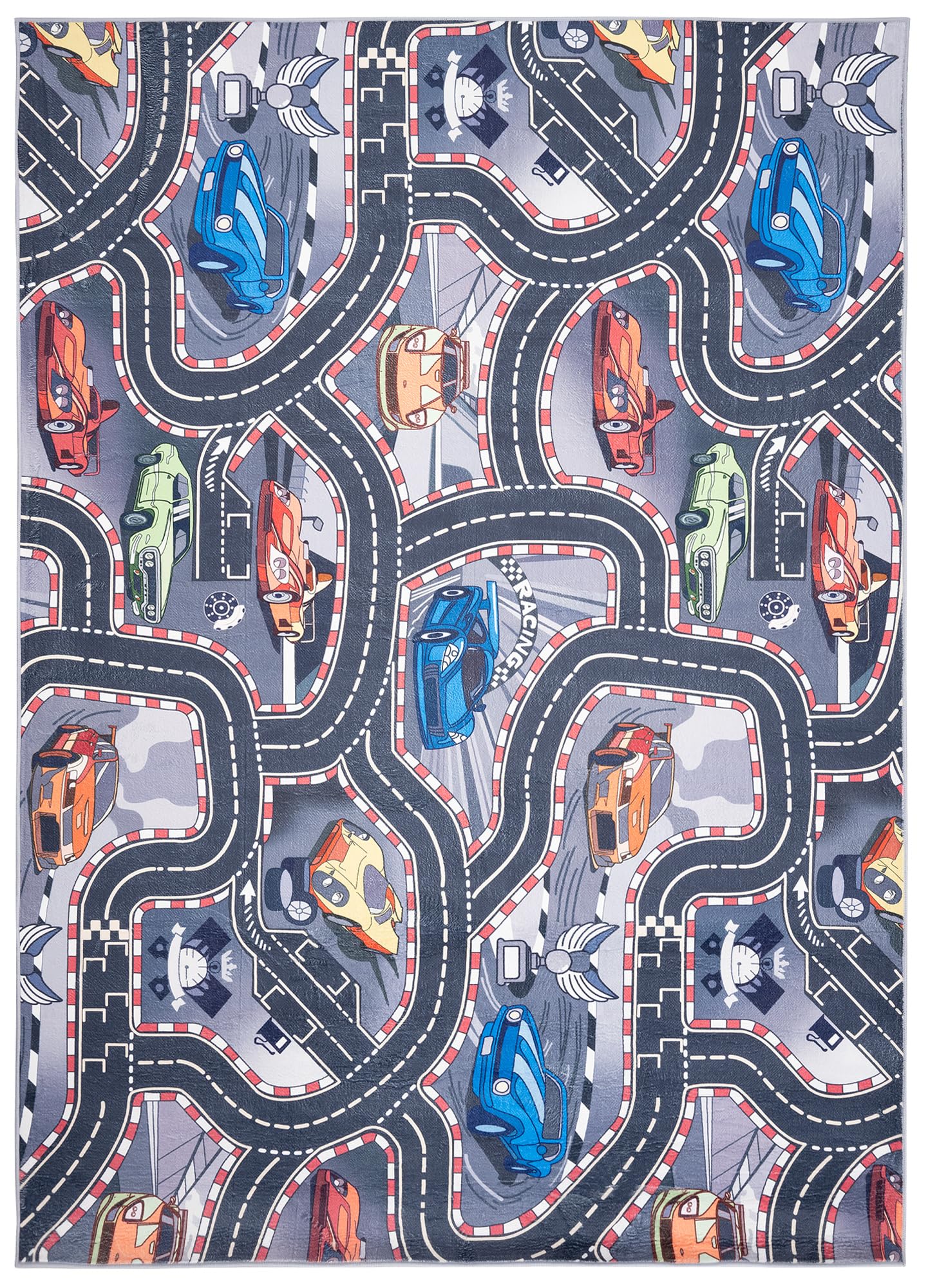 TAPISO Flannel Tapis Chambre Enfant Bébé Fille Garçon Antidérapant Lavable Gris Bleu Orange Tapis de Jeux Circuit Route Course de Voitures Poils Ras Oeko-TEX Résistant 120 x 170 cm