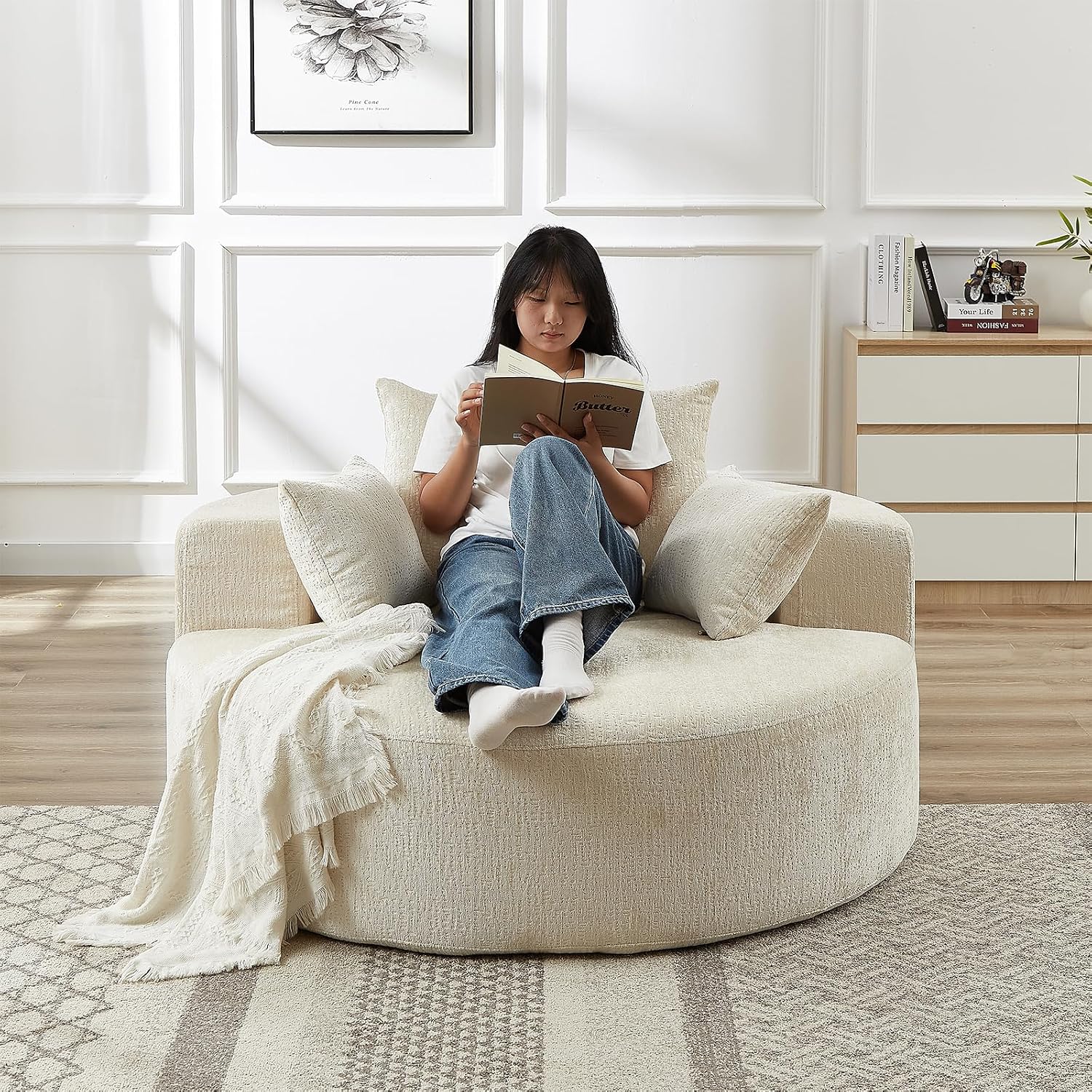 Oversized Round Chaise Longue Chair Indoor, Modern 55-inch Upholstered Chenille Deep Seat Circle Single Cloud Lounge Floor Sofa Chair for Living Room, Bedroom Apartment, Beige