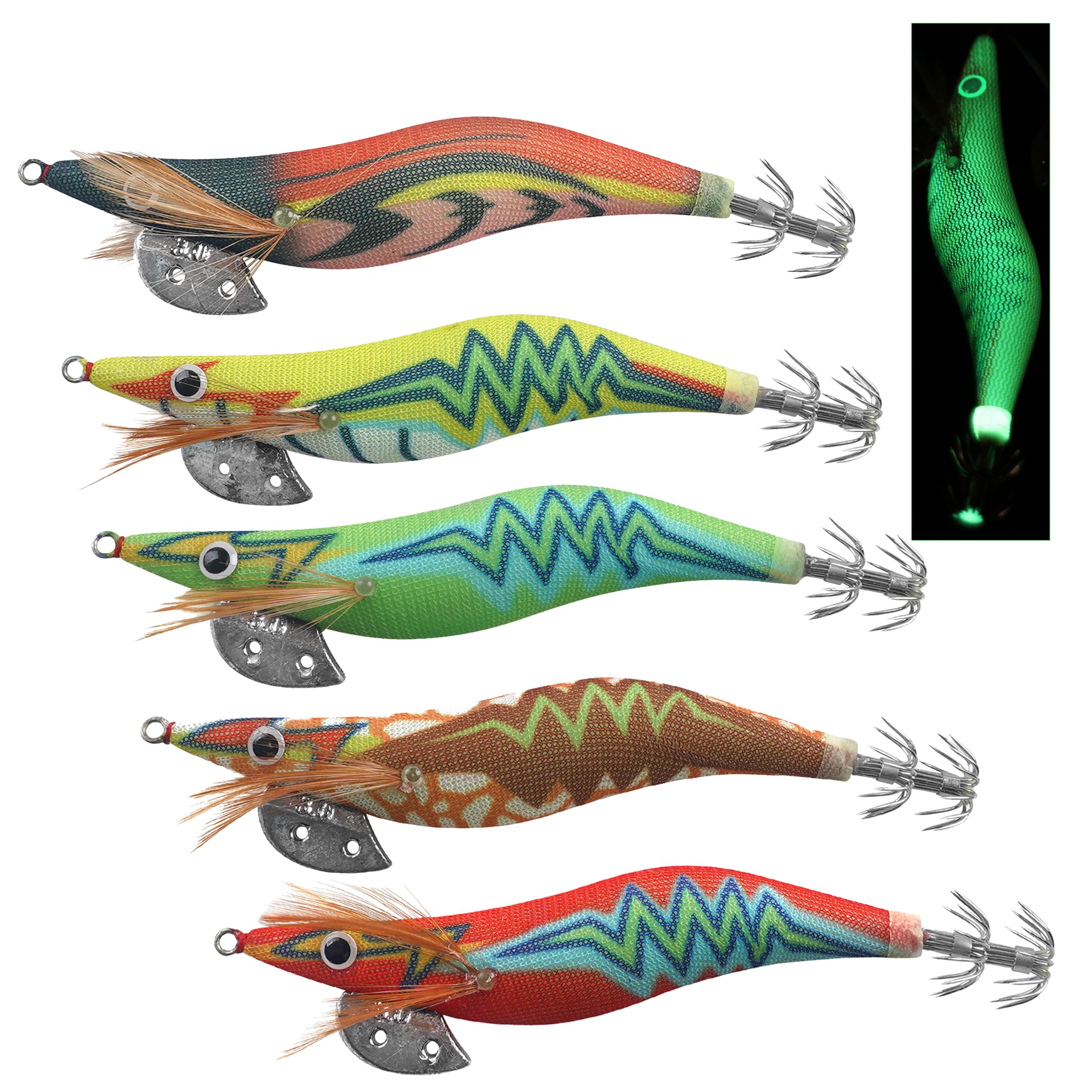 Luminous Squid Jig Saltwater Fishing Lures, 5pcs/10pcs Glow Squid Shrimp Lures Fluorescent Squid Jigs Prawn Cuttlefish Sleeve Octopus Jigs Fishing Lures