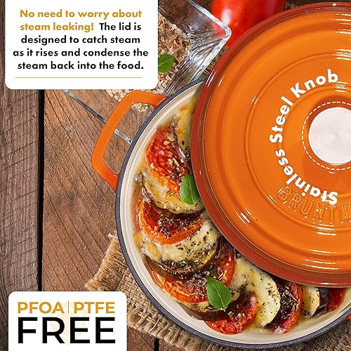 Miniatura 2 de Bruntmor - Horno holandés redondo de hierro fundido esmaltado precurado de 6.5 cuartos de galón, con tapa y asa utensilio de cocina resistente para