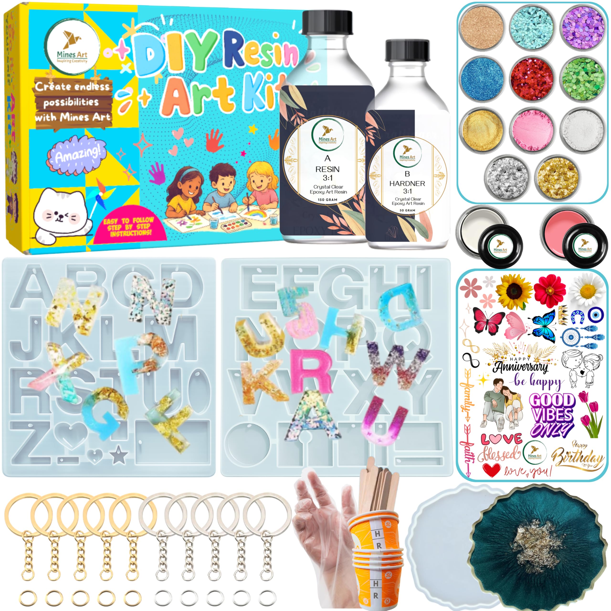 Mines Art Pro Resin Alphabet Keychain Making Kit with Moulds, 200GM Epoxy Resin, Pigmernt, Glitters and More - (MRA - 103)-image-38