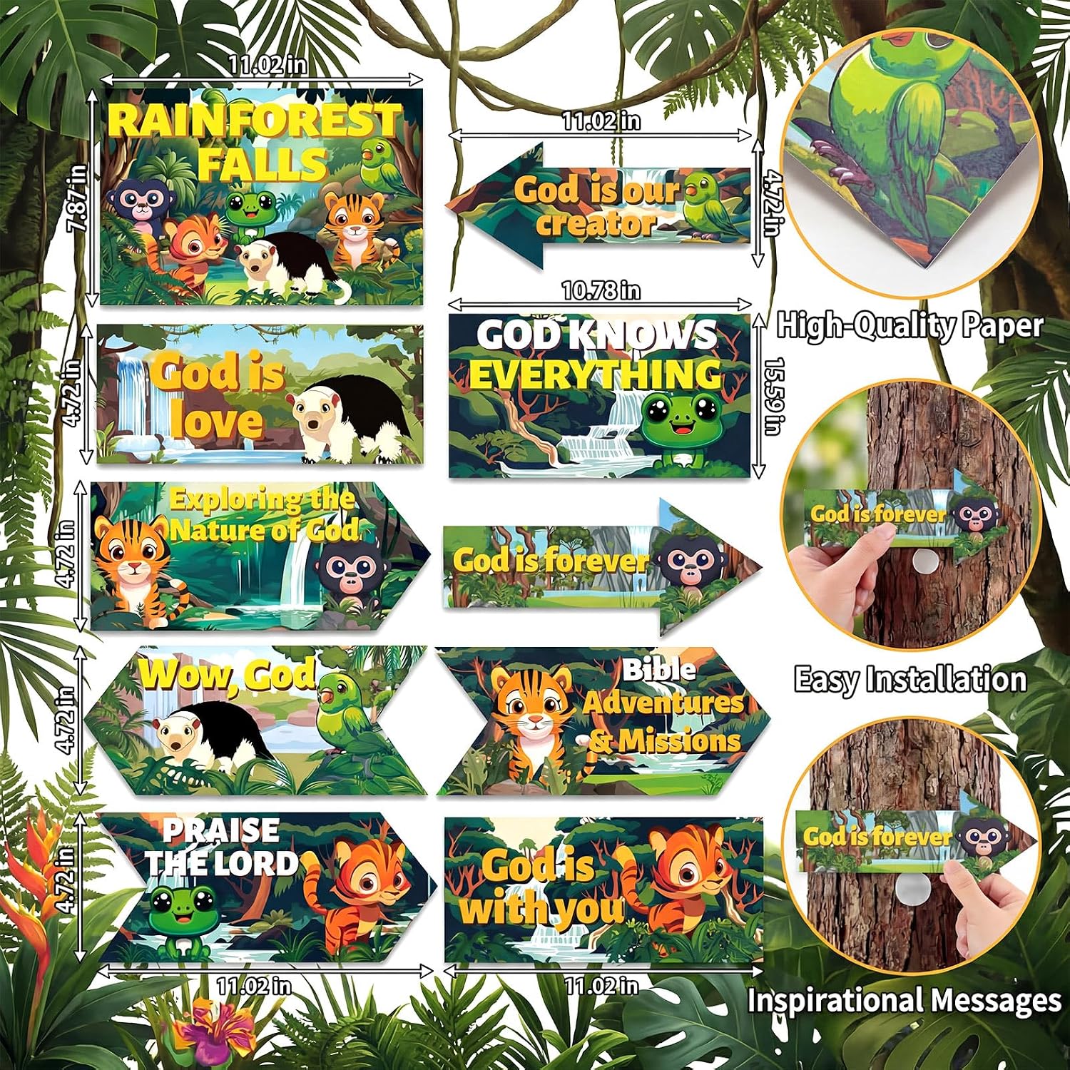Eaasty 10 Pcs Rainforest Falls Decorations Tropical Animal Directional Signs for VBS with God Quotes Paper Party Signs with Adhesive Dots for Vacation Bible School, Jungle Theme Party Supplies
