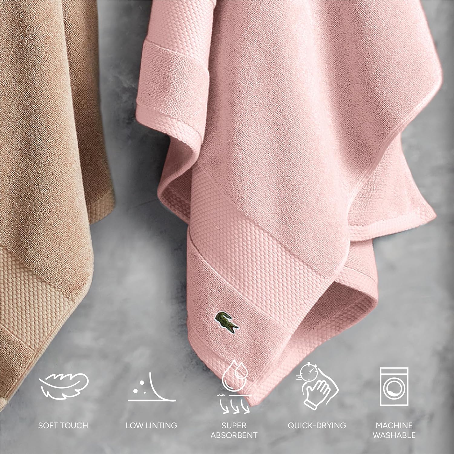 Lacoste Heritage Anti-Microbial Supima Cotton 6-Piece Towel Set, 2 Bath Towels, 2 Hand Towels, 2 Washcloths, Light Pink – Highly Absorbent & Quick Drying, Bathroom Essential, Machine Washable