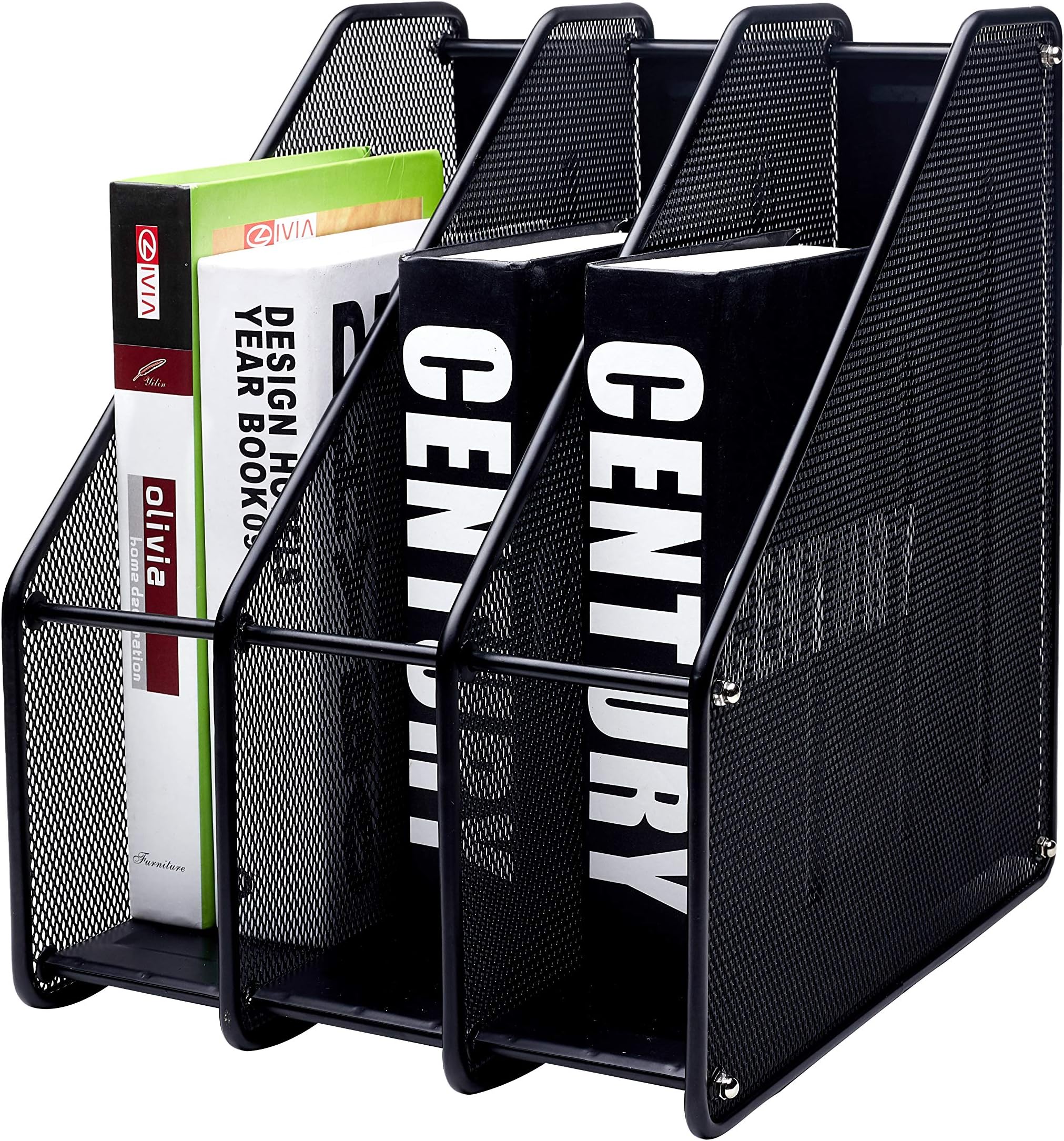 Exerz Magazine Holder Triple Rack, Mesh Metal - 3 Compartments Vertical - Documents/ Notebooks/ Folder/ Organiser(Black)