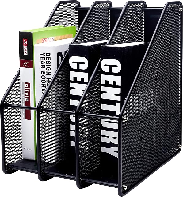 EXERZ Magazine Holder Triple Rack, Mesh Metal - 3 Compartments Documents / Notebooks / Folder / Organiser (Black)