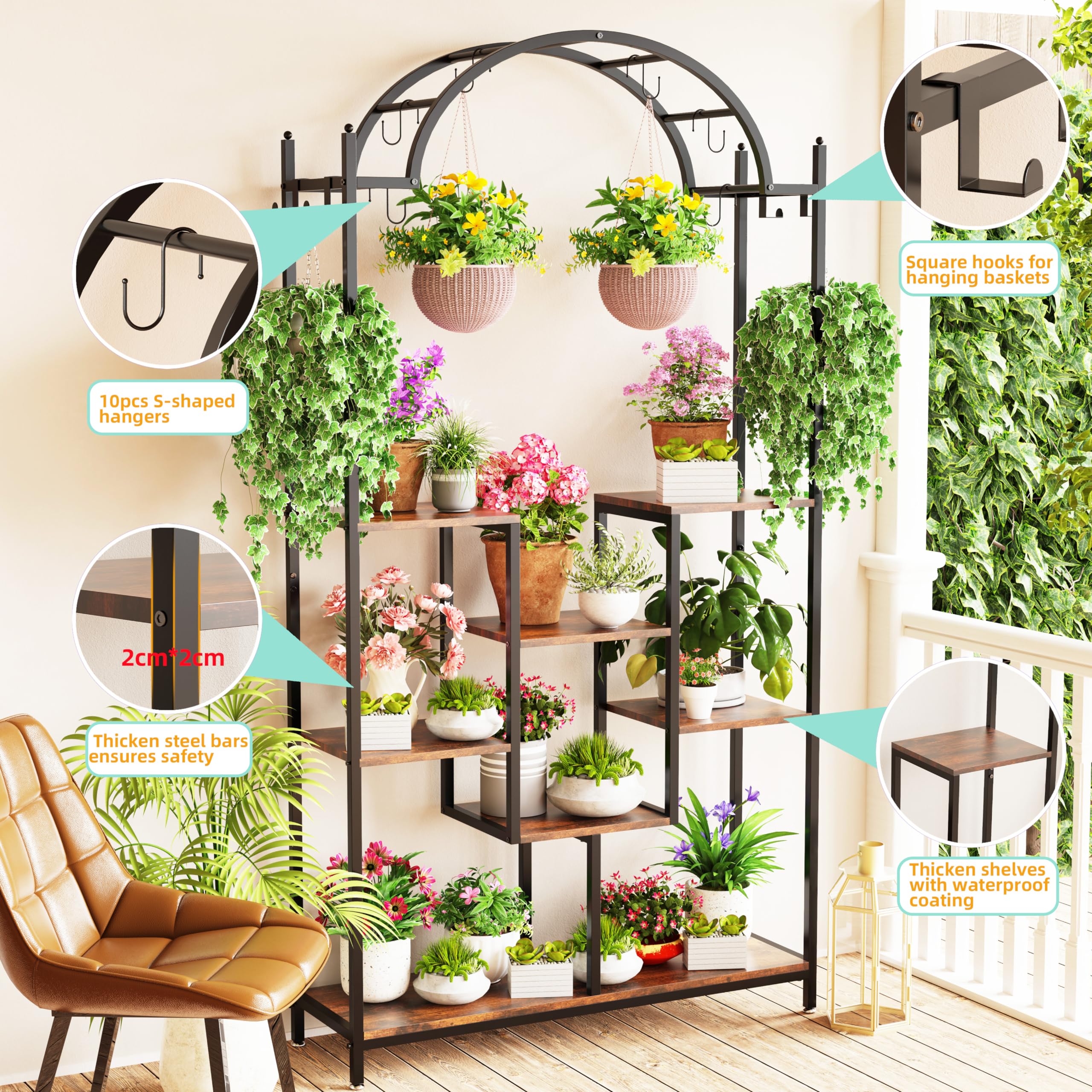 unho Blumenständer mit 5 Ebenen/16 Haken, Pflanzenregal 190cm Hoch Pflanzenständer Blumenregal für Indoor Balkon Boden Wohzimmer