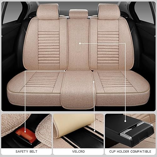 Miniatura 5 de GEEYONTEK Juego completo de fundas de asiento de automóvil, cojín universal de lino para vehículos delanteros y traseros de automóvil, protectores