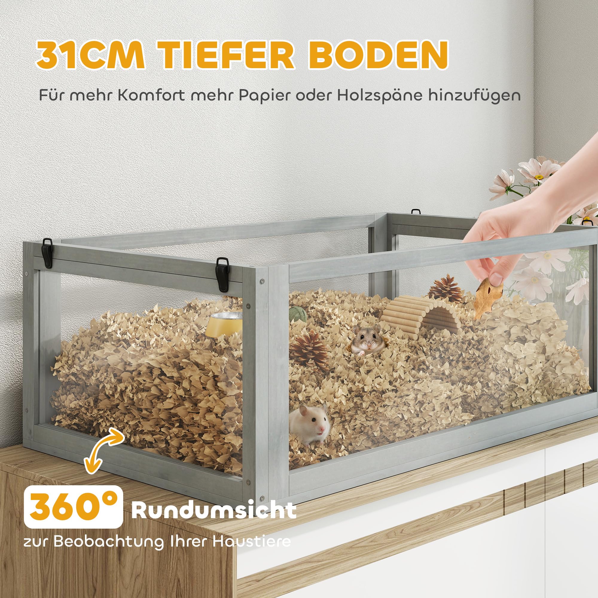 PawHut Hamsterkäfig aus Holz 3 Etagen 80 x 50 x 76 cm Nagerkäfig Kleintierkäfig mit Wippe Laufrad Hütte tiefem Untergeschoss Mäusekäfig für Zwerghamster Hellgrau