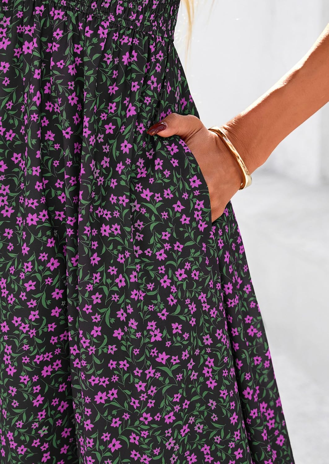 PRETTYGARDEN Boho Dresses for Women 2026 Summer Floral Short Sleeve V Neck Smocked Flowy Beach Vacation Maxi Dress - Image 5