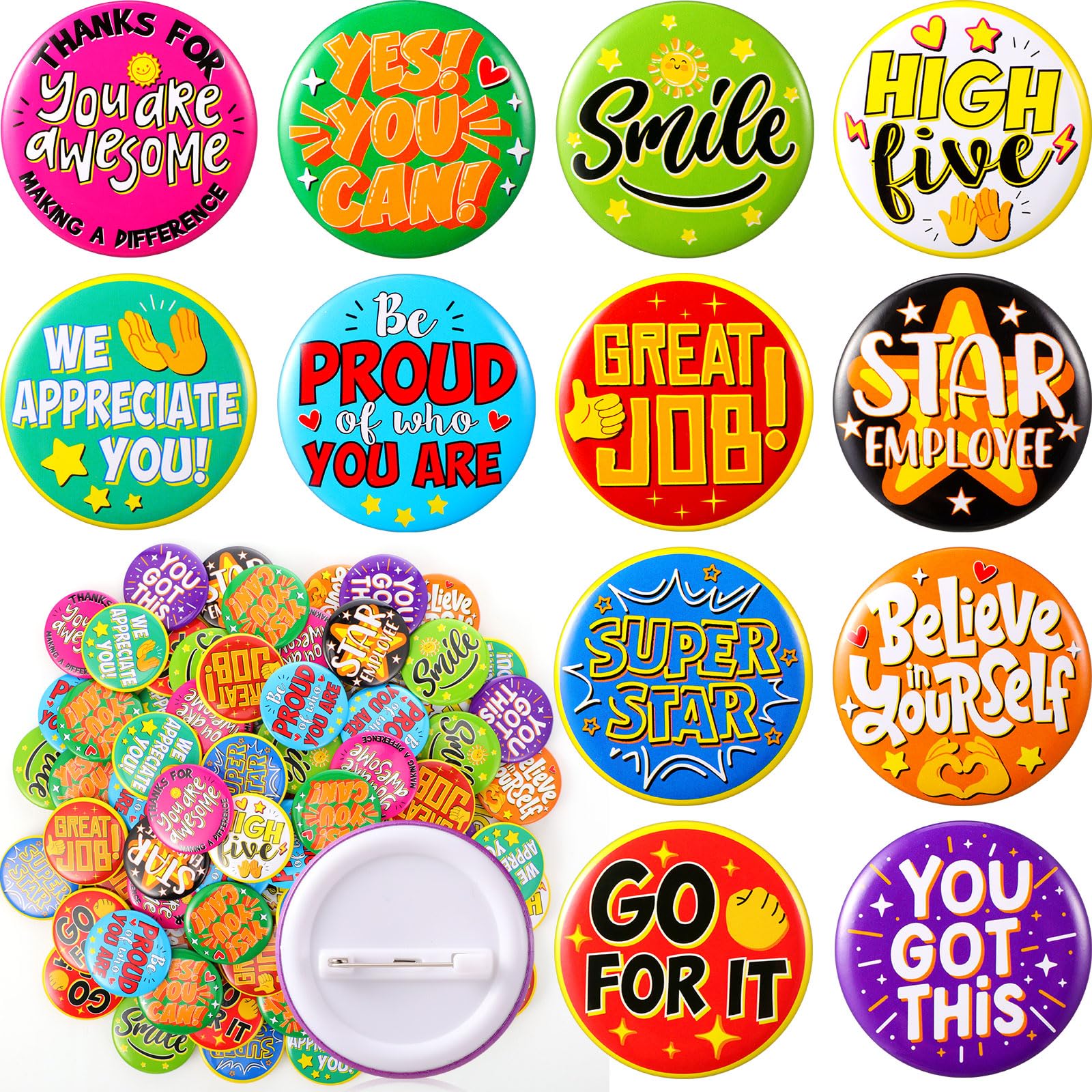 Yinkin 120 Pcs Employee Recognition Pin 1.7'' Appreciation Button Pin Bulk Large Positive Badge Team Motivational Inspirational Reward Badge for