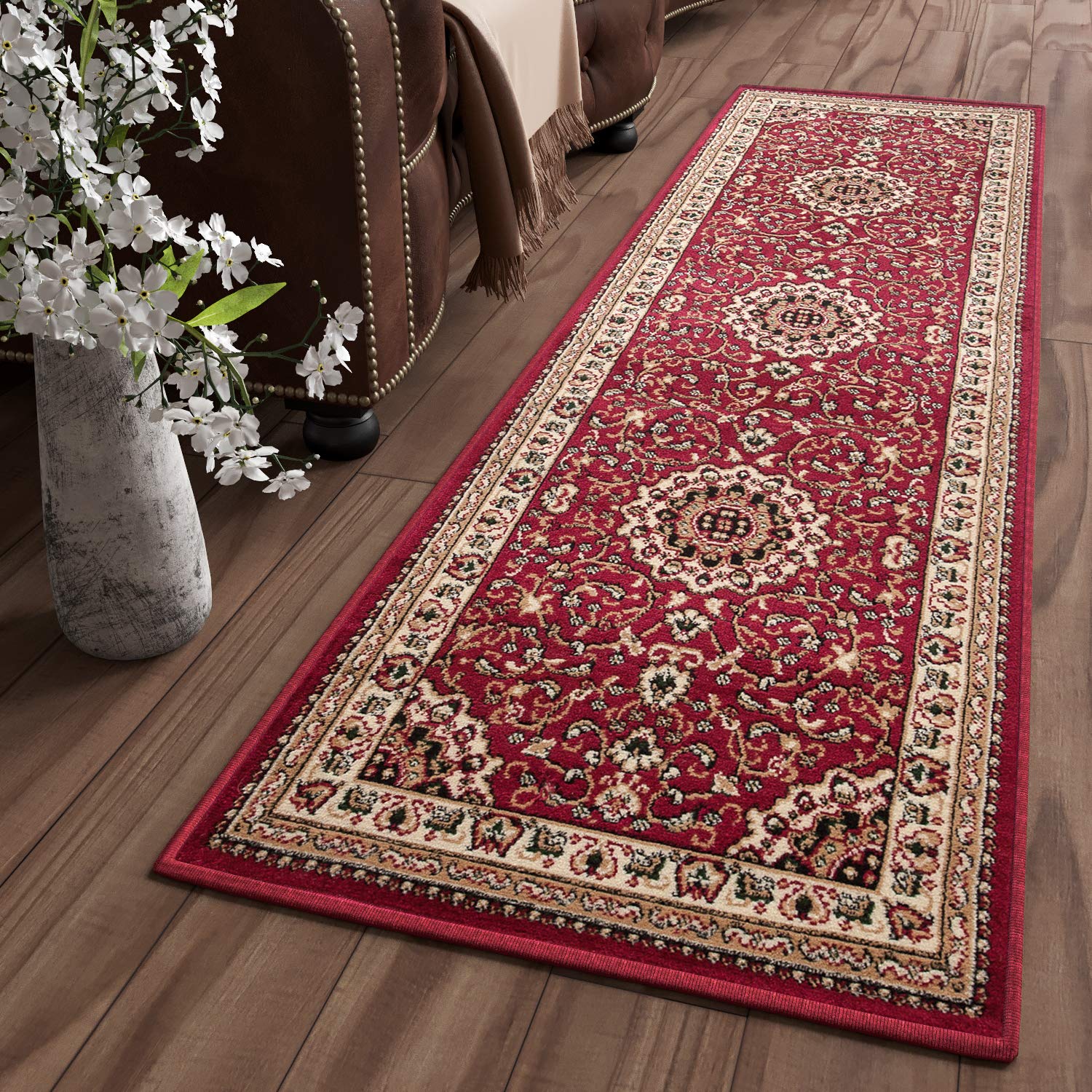 TAPISO Atlas Läufer Kurzflor Teppich Wohnzimmer Klassisch Rot Creme Floral Muster Bordüre Schlafzimmer Traditionell ÖKOTEX 80 x 300 cm