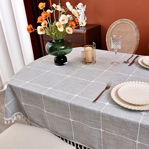 Miniatura 7 de Mantel ovalado de lino de algodón a cuadros para decoración de mesa de comedor y cocina, 60 x 120 pulgadas
