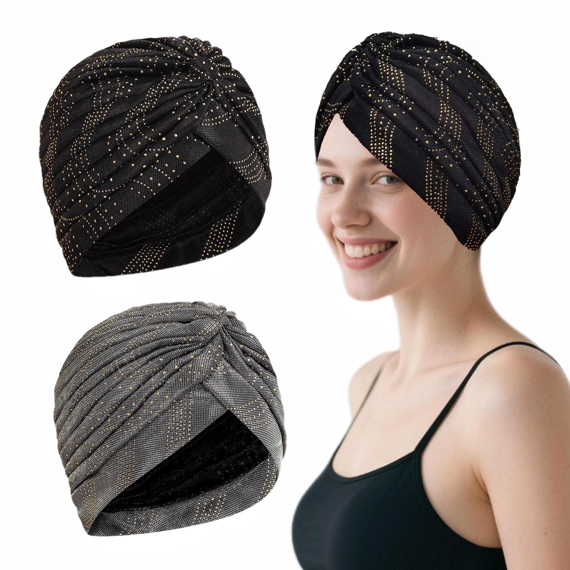 CaiJianYuLin 2 Piezas Turbantes para Mujer Gorros Oncologicos Oncologicos Gorro de Cáncer para Pérdida de Cabello Mujer Pelo Largo Verano Turbantes Lástico Frontal Cruzado Algodón -Punto de oro