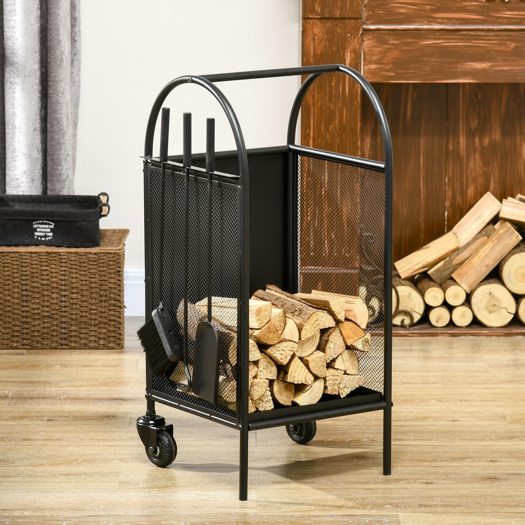 Outsunny Chariot à Bois de Chauffage avec Roues 37,5 x 37,5 x 80 cm Noir