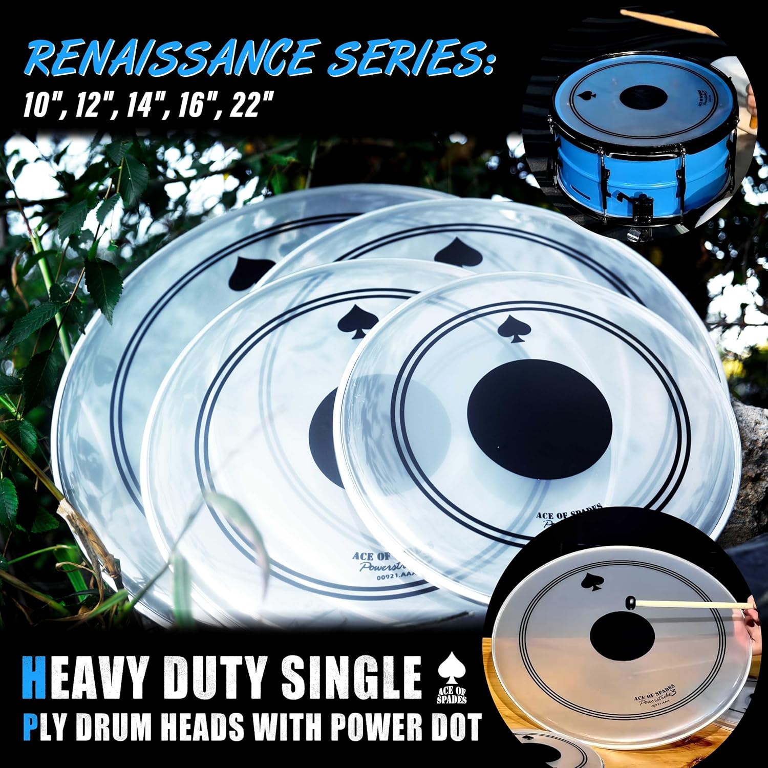 5-Piece Reinforced Drum Head Set – 10-22" with Black Dot for Dent Resistance & Deeper Bass, Double Durability, Enhanced Punch & Warmth, Frosted 10mil PET + 0.28mm Patch for Standard Kits