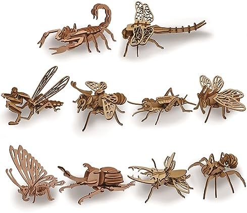 Shidba Wooden 3D Insects Puzzle 10 in 1 Bundle of Miniature Model Kit Spider Butterfly Locust Dragonfly Scorpion Ant & Other Bugs 10 PCS Insect Educational Wood Toys for Adults Kids Both Boys & Girls