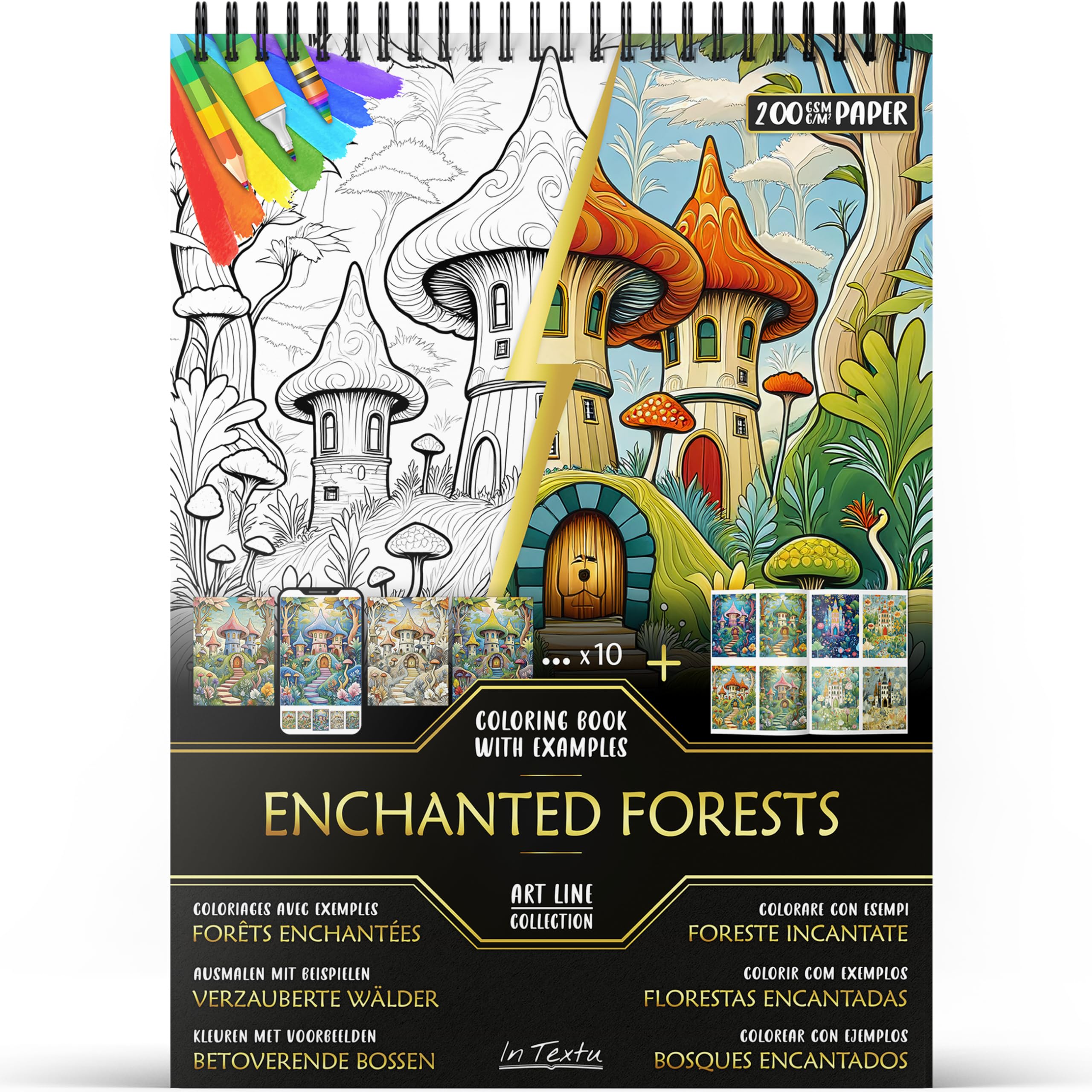 In Textu – Bosques Encantados – Libro de Colorear para Adultos y Adolescentes con Ejemplos Coloreados Inspiradores – Papel Premium 200 g/m² – Encuadernación en Espiral Fina – Cuaderno de Colorear