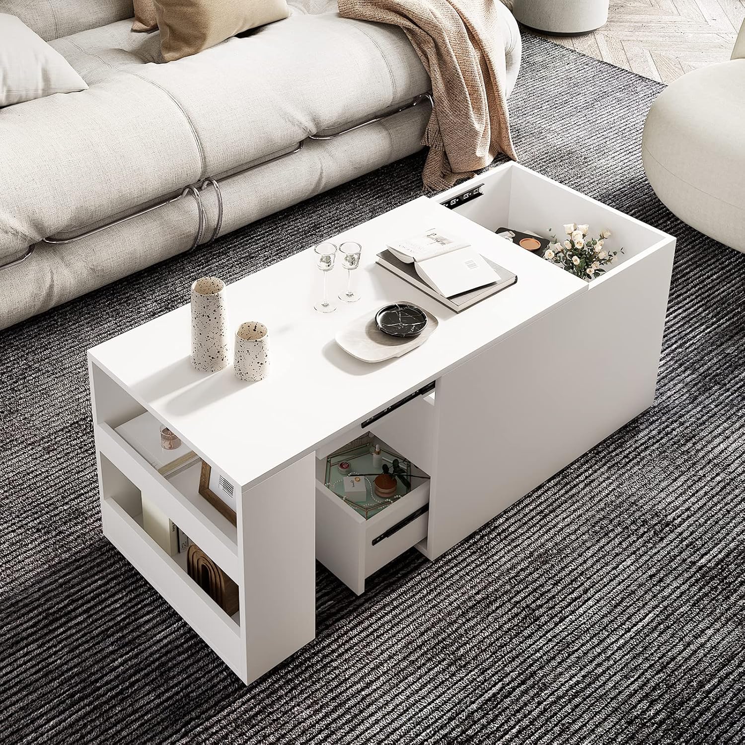 Coffee Table with Storage,Pull Out Sliding Top Coffee Table